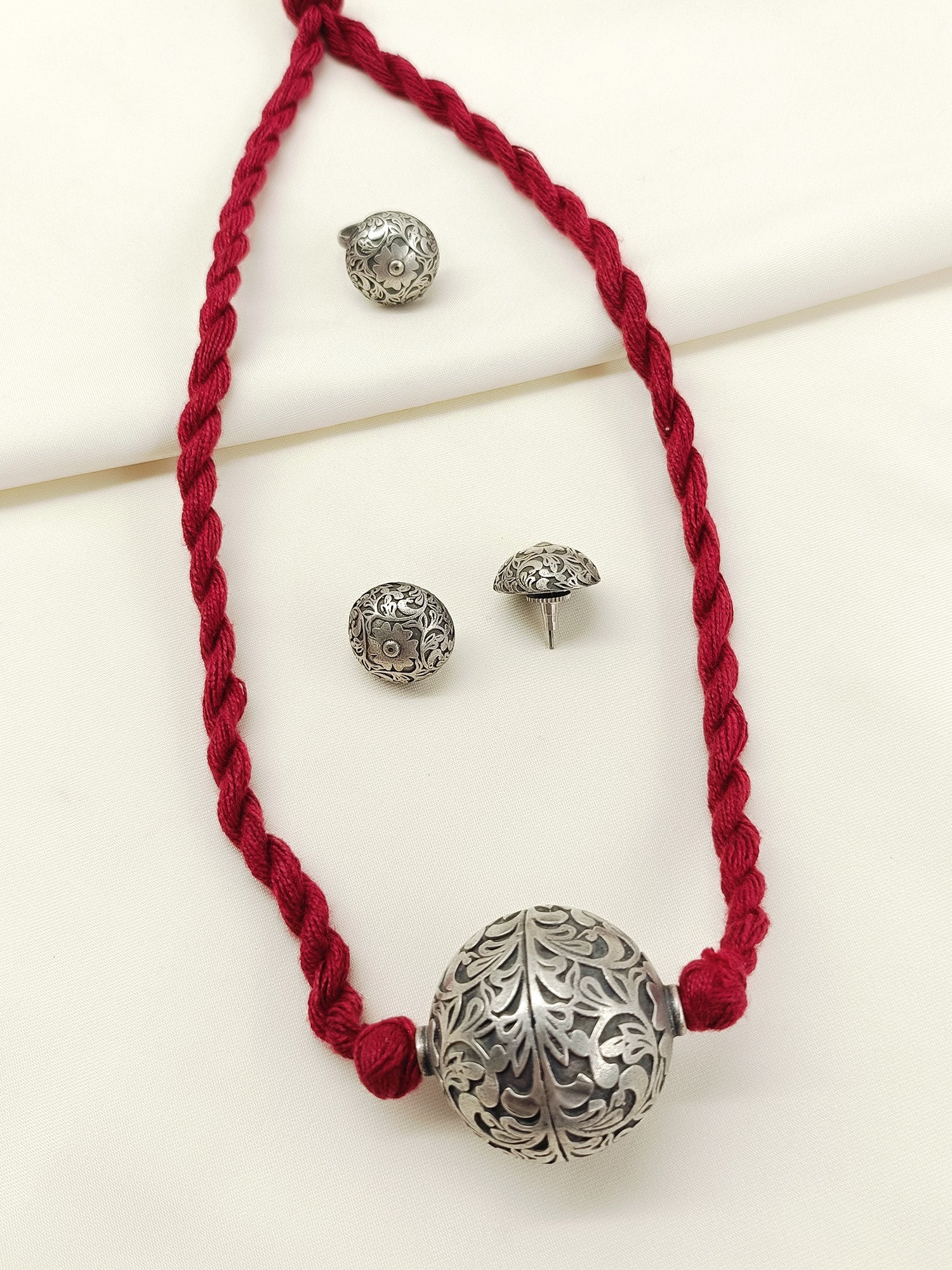 Idhika Maroon Oxidized Pendant Set With Ring