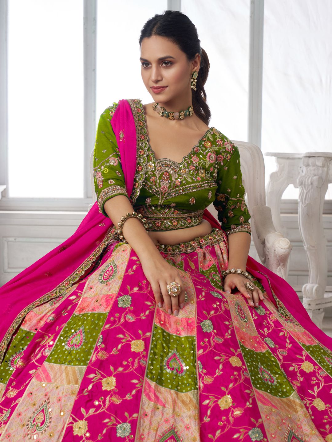 Designer Multi-Color Mehendi Lehenga Choli with Embroidered Blouse