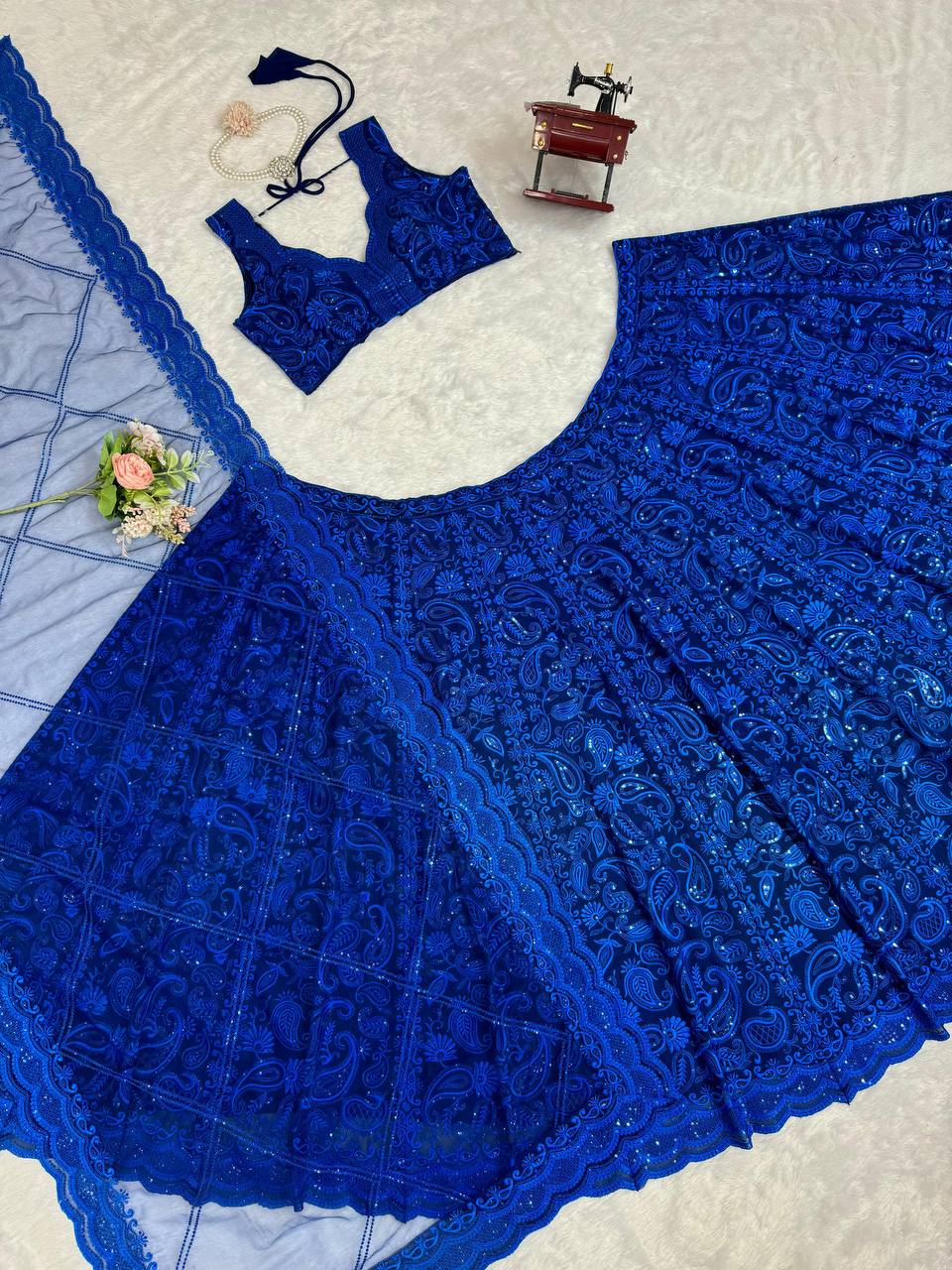 Blue Foux gorgette Sequnce with thread Lehenga Choli - INSPIRED | Ready To Wear - qivii