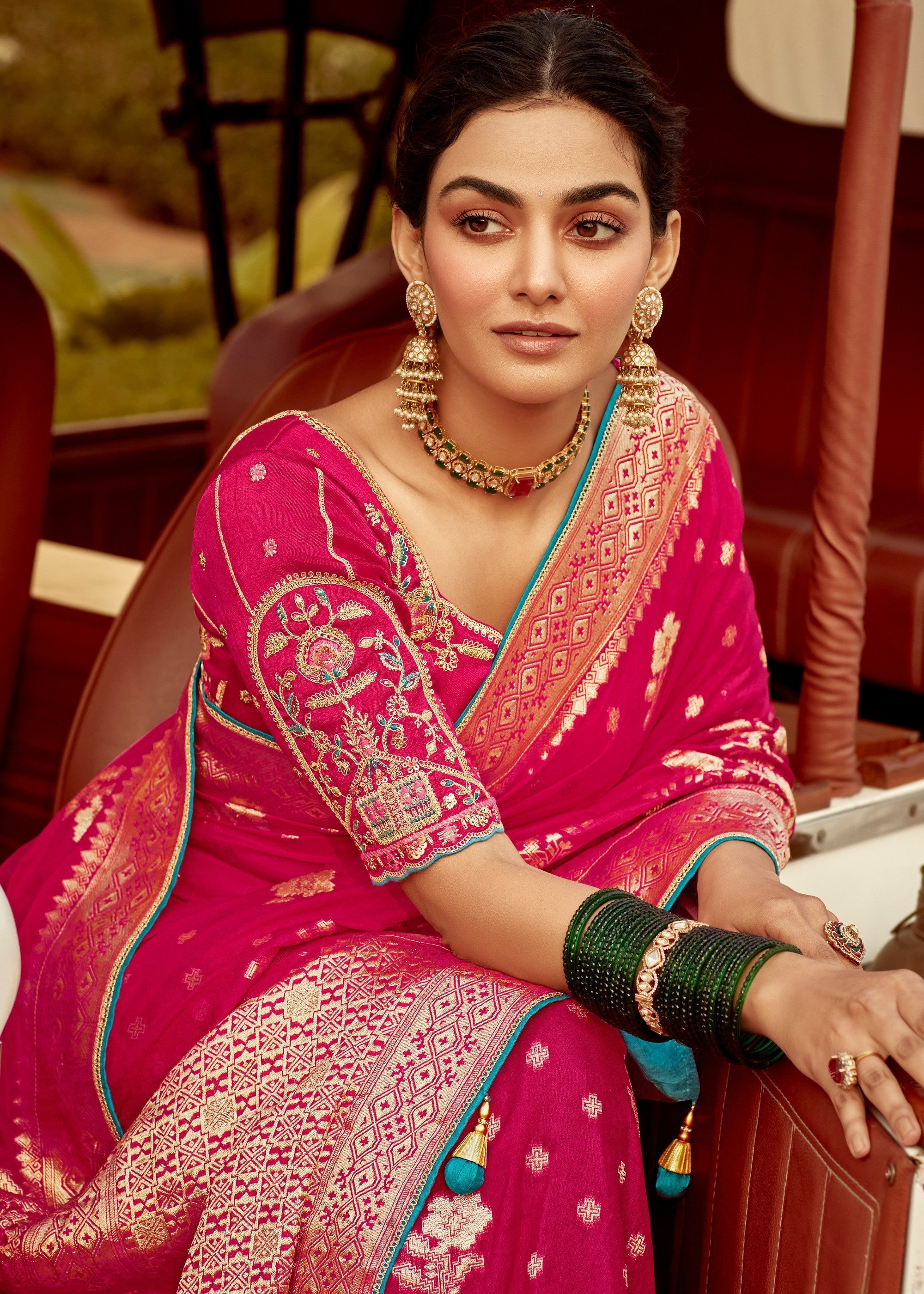 Ruby Pink Dola Silk Saree Embellished With Weaving Work And Heavy Embroidered Blouse - qivii