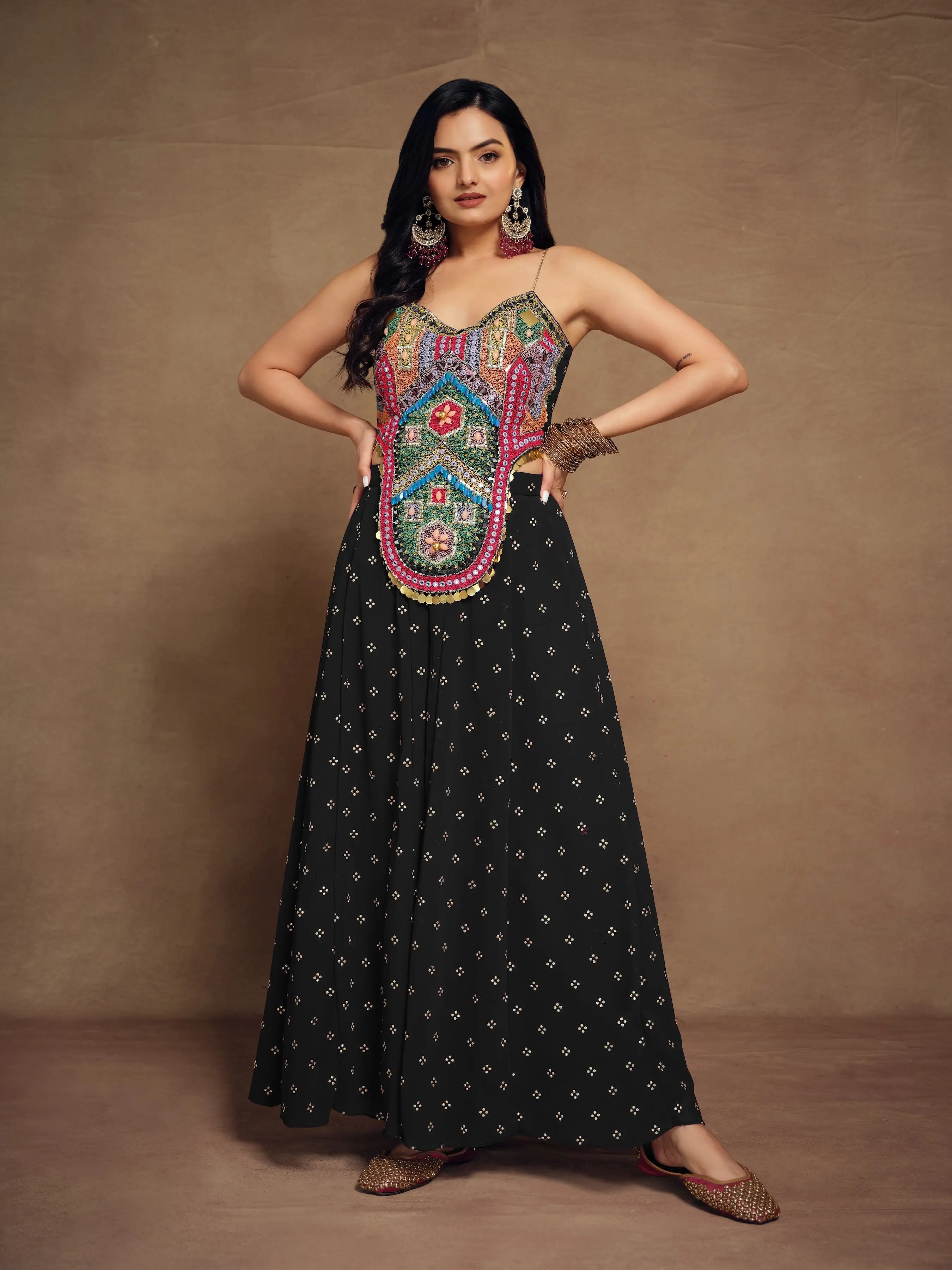 Black Silk With Handwork Co-ord Set - qivii