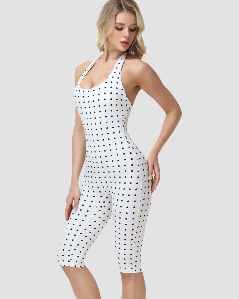 Hourglass Figure Body Shaper Waist Cincher Polka Dot Capri Jumpsuit Two-Piece Set - By Qivii