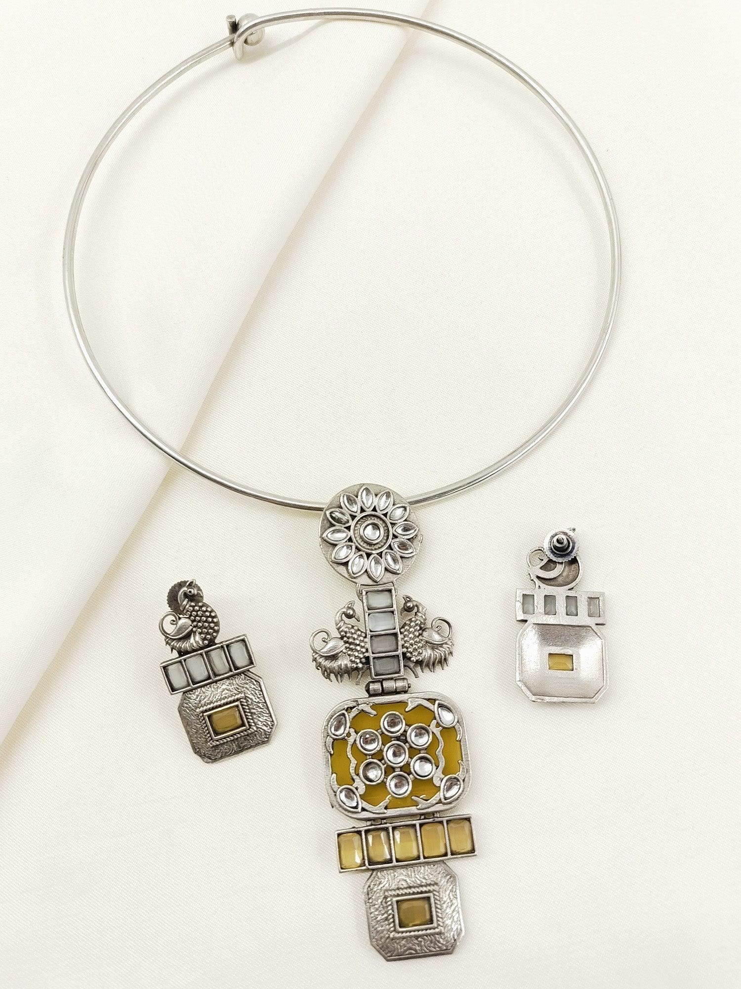 Tula Yellow Oxidized Hasli Style Necklace Set
