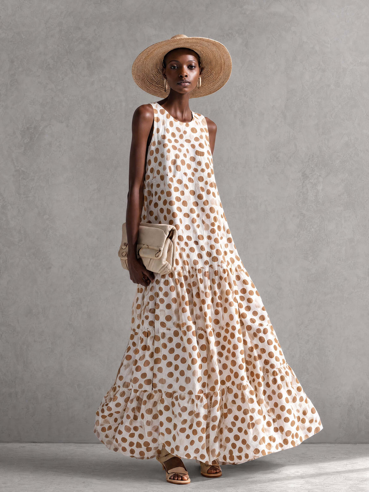 Fashionable Sophisticated Elegant Round Neck Sleeveless Polka Dot Printed Off-white Chiffon Vacation Maxi Dress - By Qivii