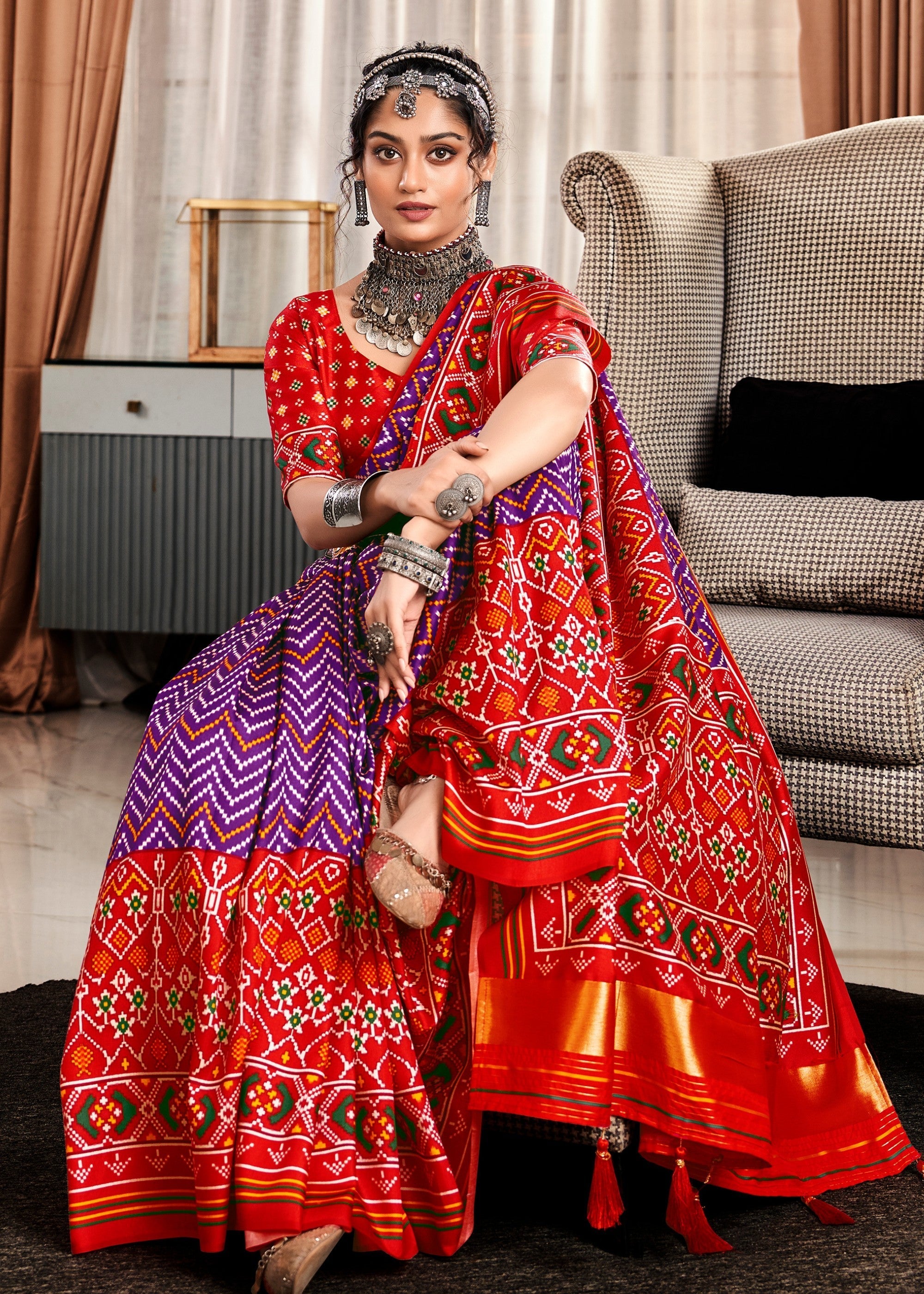 Byzantine Purple Tussar Silk Saree With Beautiful Patola Print - qivii