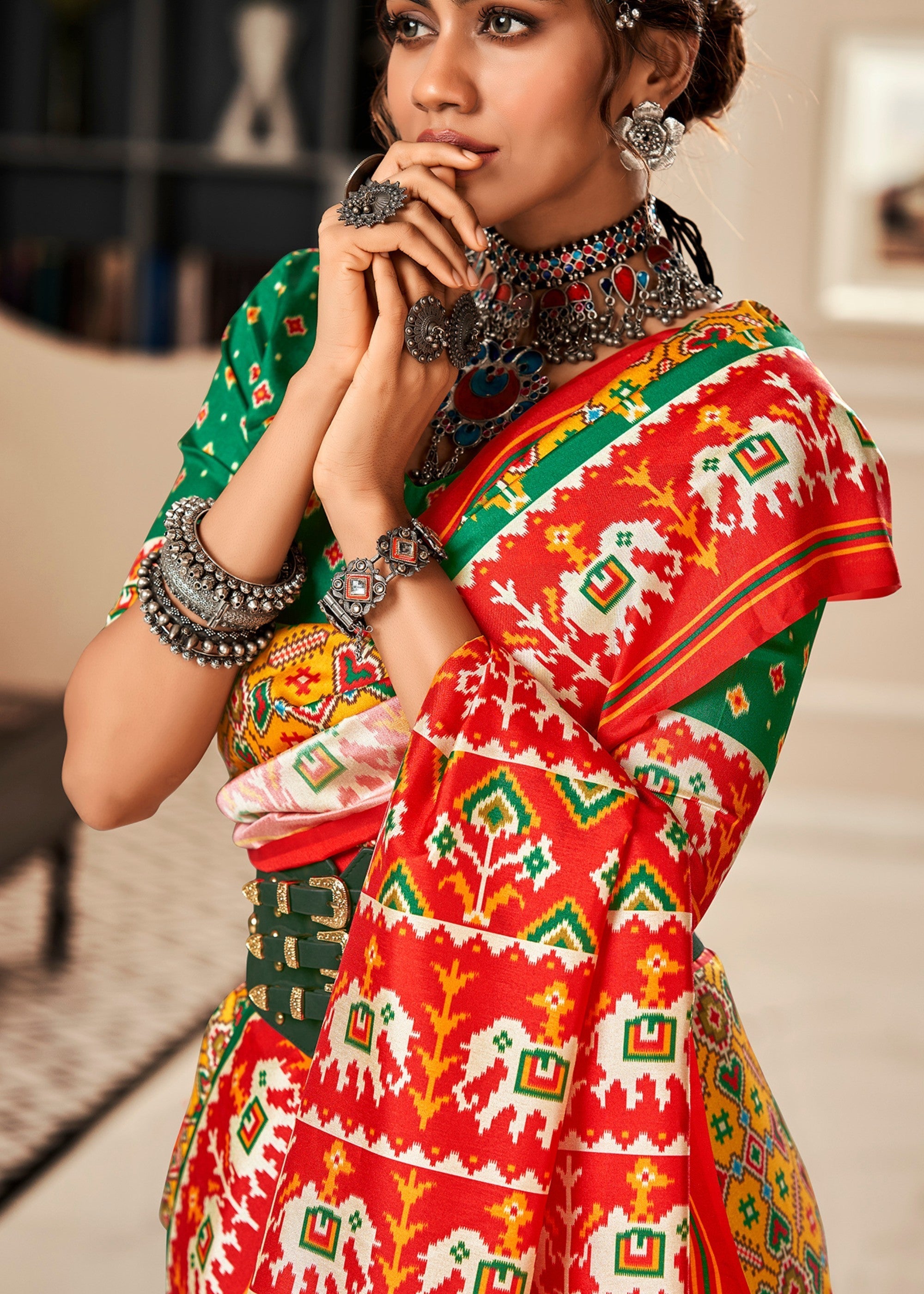 Saffron Yellow Tussar Silk Saree With Beautiful Patola Print - qivii