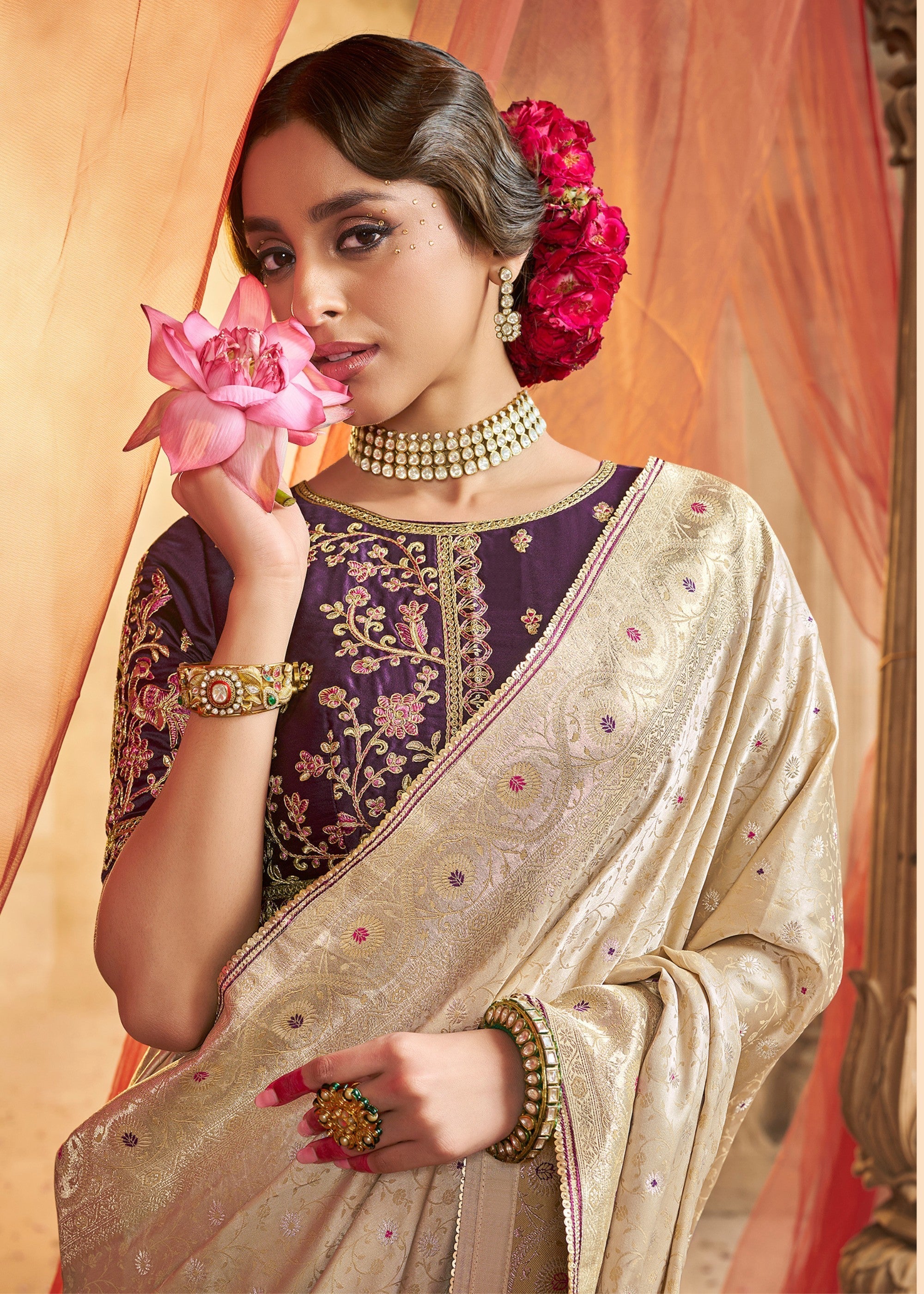 Warm White Satin Silk Saree With Beautiful Lace Border And Heavy Designer Embroidered Blouse - qivii