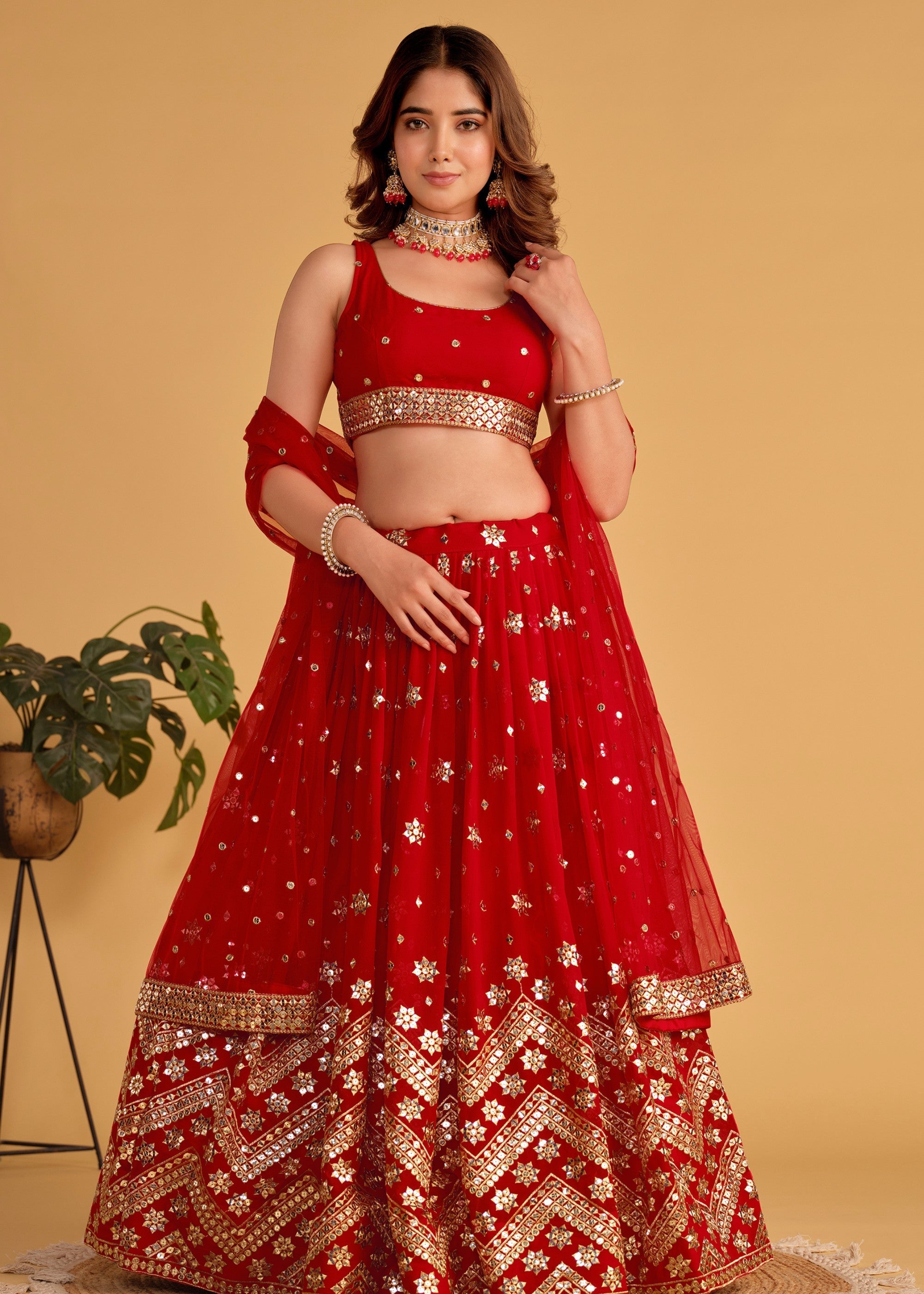 Scarlet Red Georgette Lehenga Choli With Sequins Zari Embroidered Work | Ready To Wear - qivii