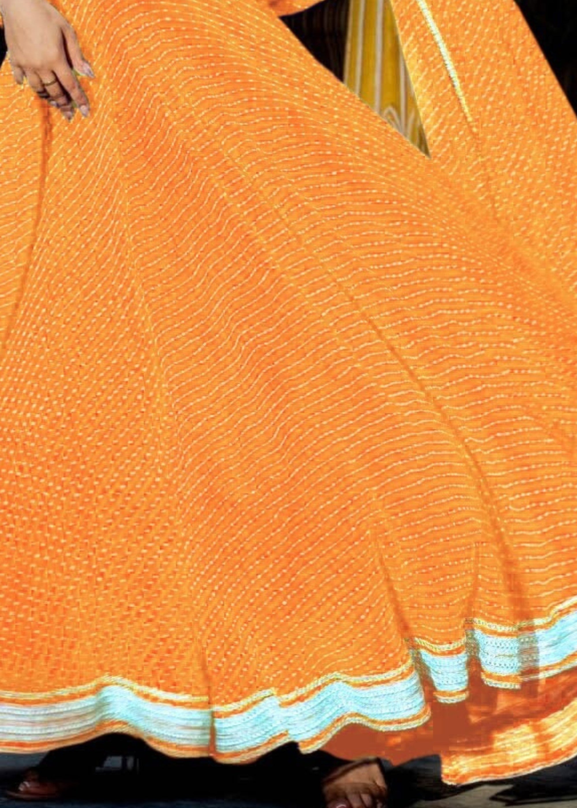 Tang Orange Georgette Leheriya Print Lehenga With Zari And Lace Work | Ready To Wear - qivii