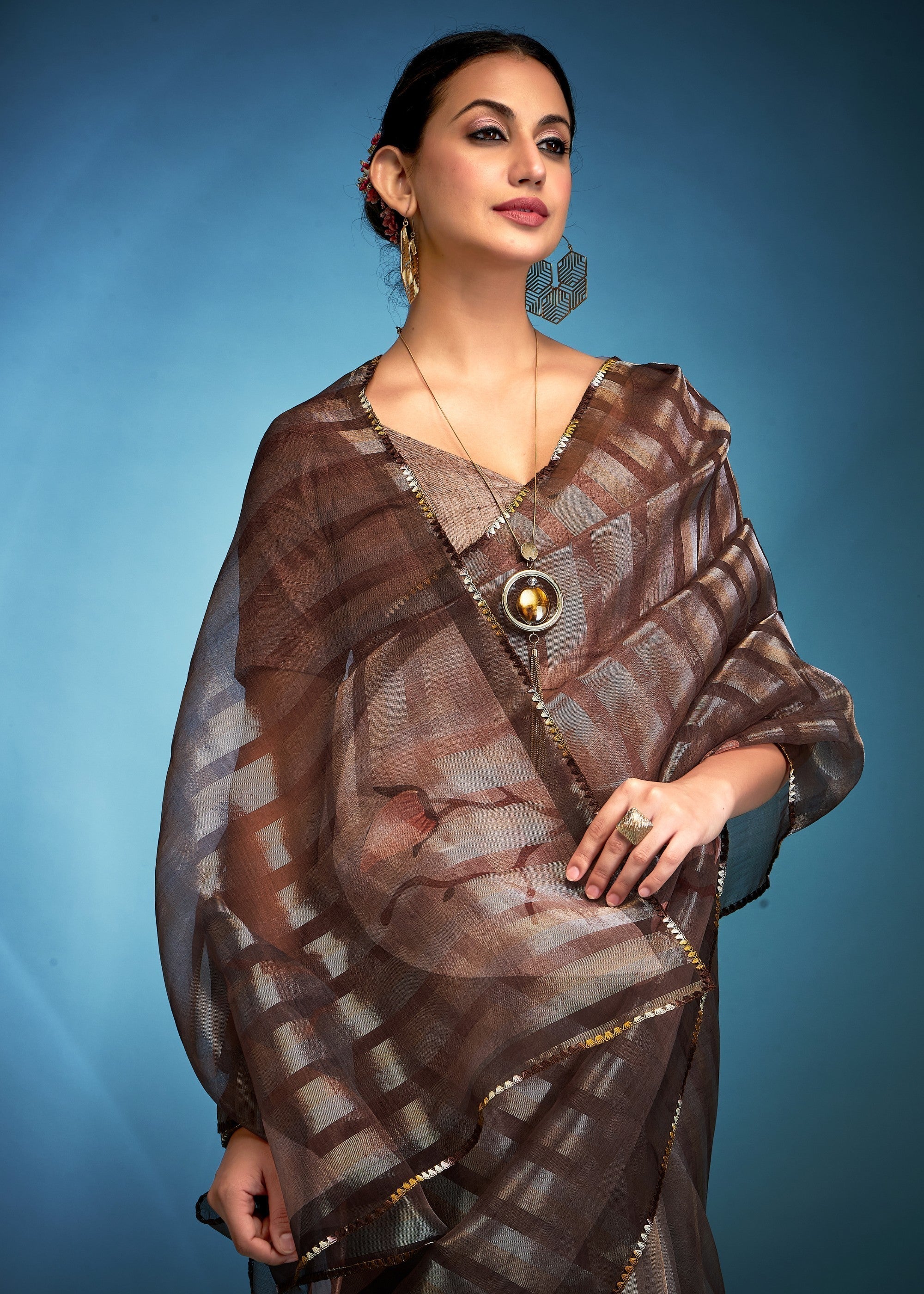 Bronze Brown Tissue Silk Saree With Floral Print - qivii