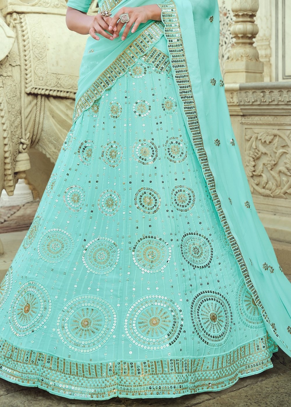 Arctic Blue Georgette Lehenga Choli with Sequins & Thread work | Ready To Wear - qivii