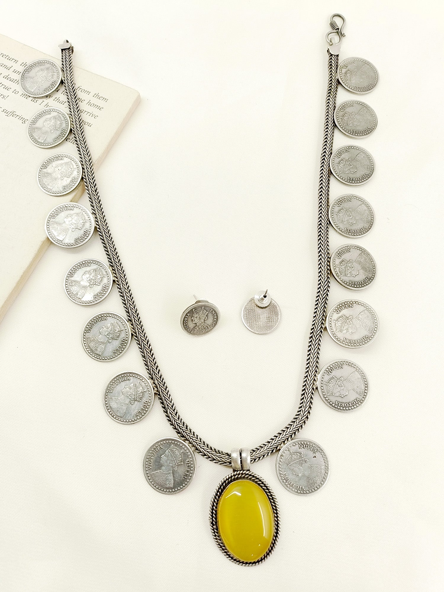 Amina Yellow German Silver Oxidized Necklace Set - qivii