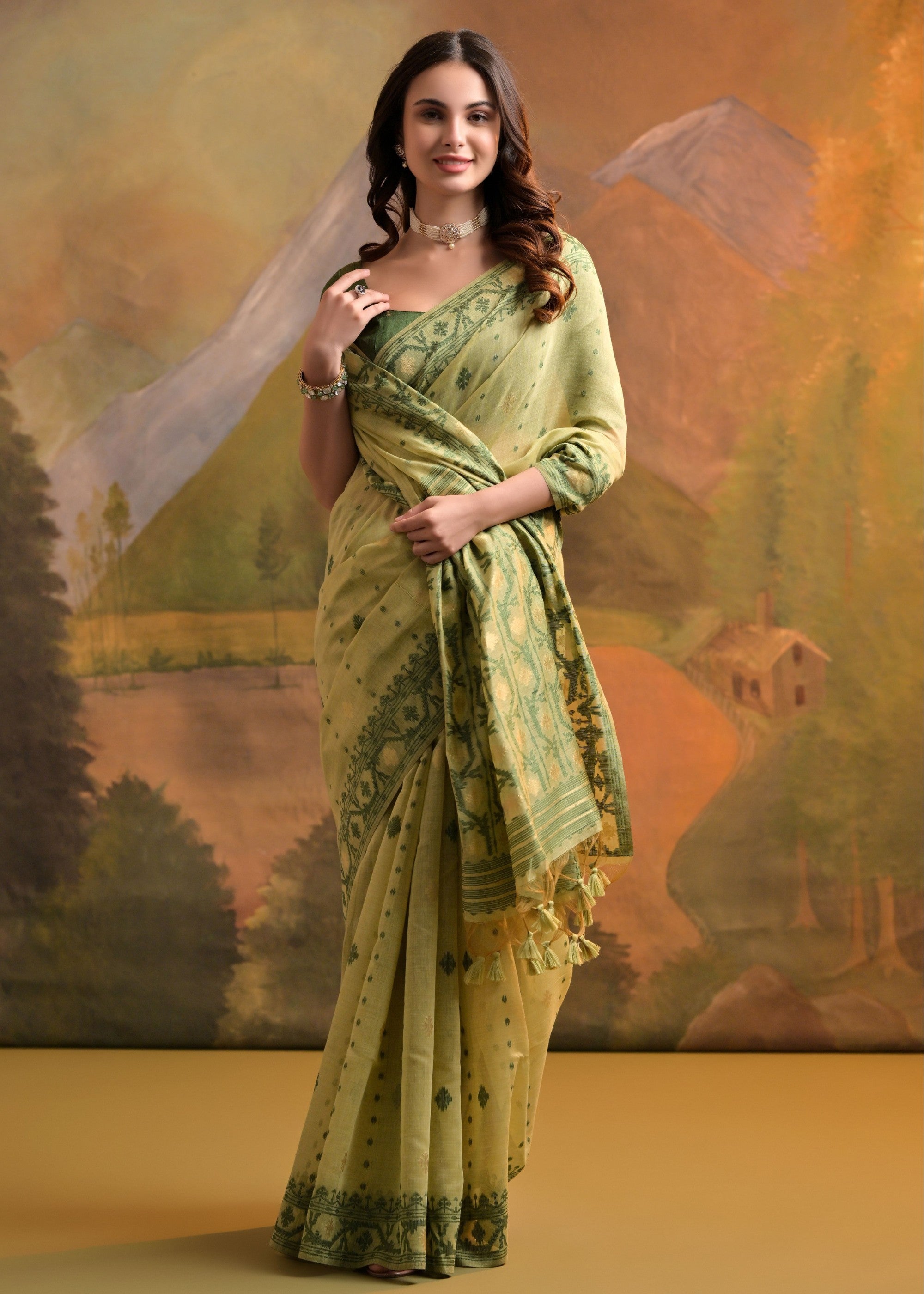 Light Green Thread Woven Cotton Saree With All Over Butti - qivii