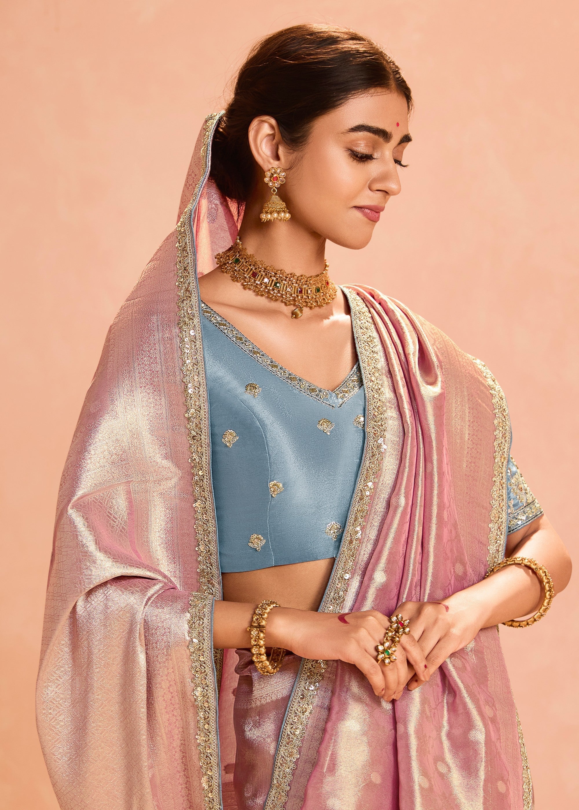 Blush Pink Zari Tissue Silk Saree With Weaving Work And Heavy Embroidery Lace : Top Pick - qivii