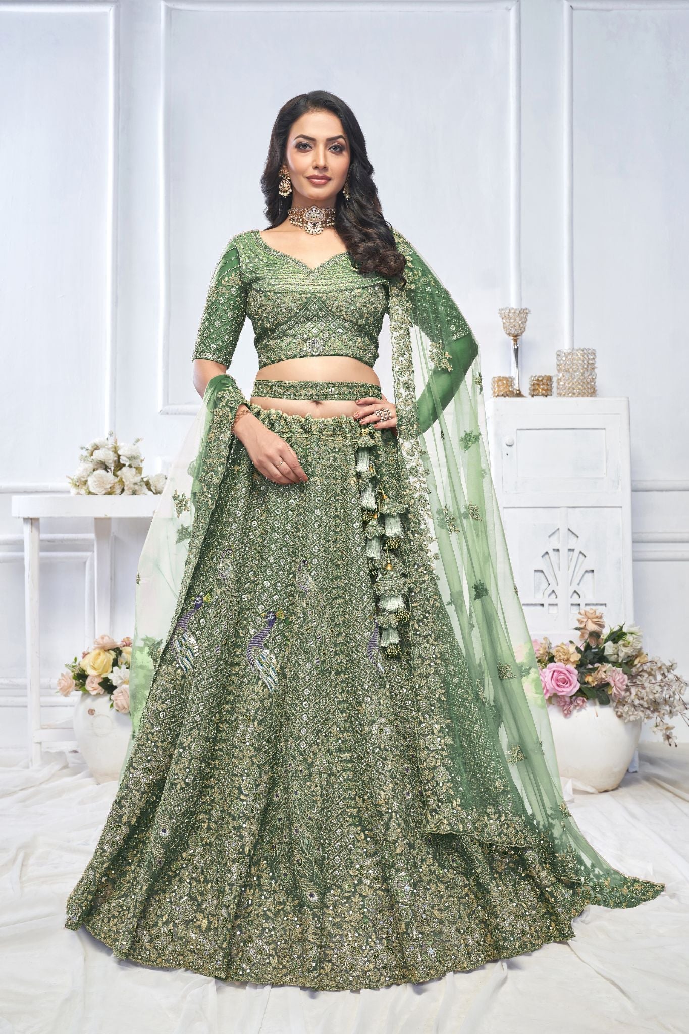 Graceful Green Bridal Wear Lehenga with Elegant Detailing - qivii