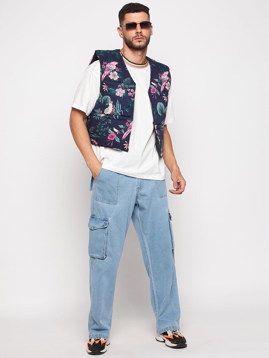 Navy Floral Print Sleeveless Puffer Jacket