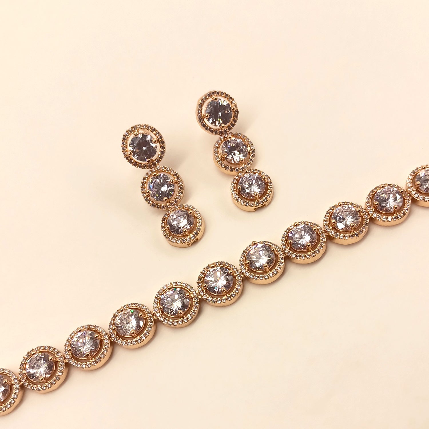 Shahnaaz Rose Gold Plated Semiprecious White Stone American Diamond Set - qivii