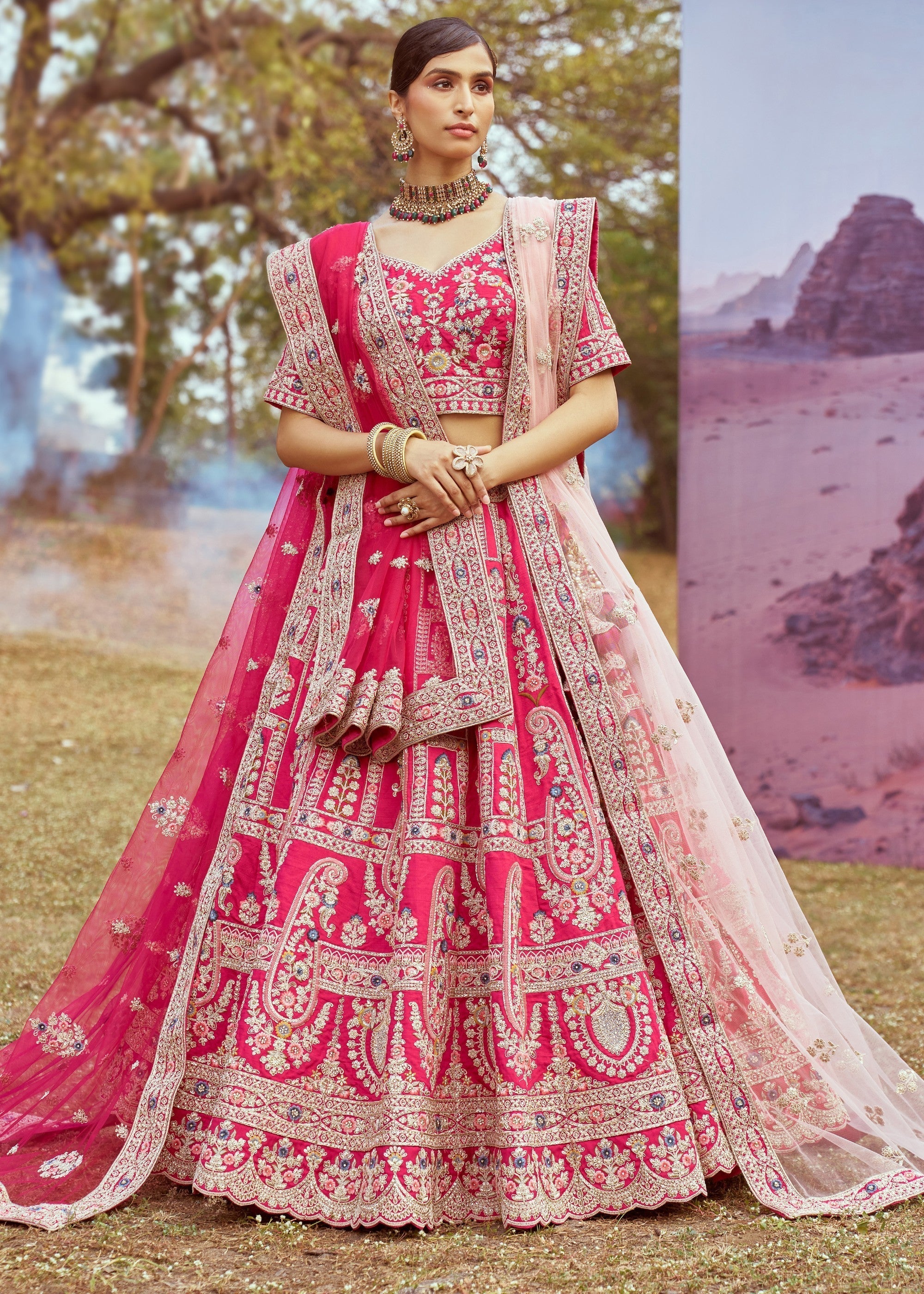 Pink Pure silk Moti, Sequins Embroidery Bridal Lehenga | Ready To Wear - qivii