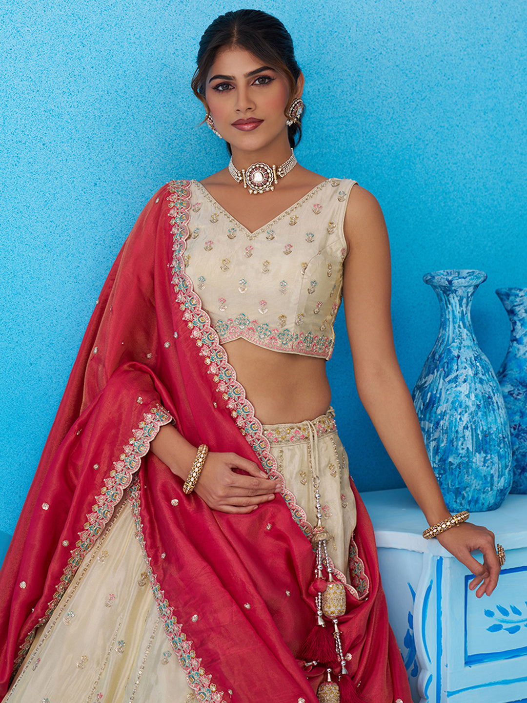 Pink Tissue Sequins Embroidered Lehenga Set