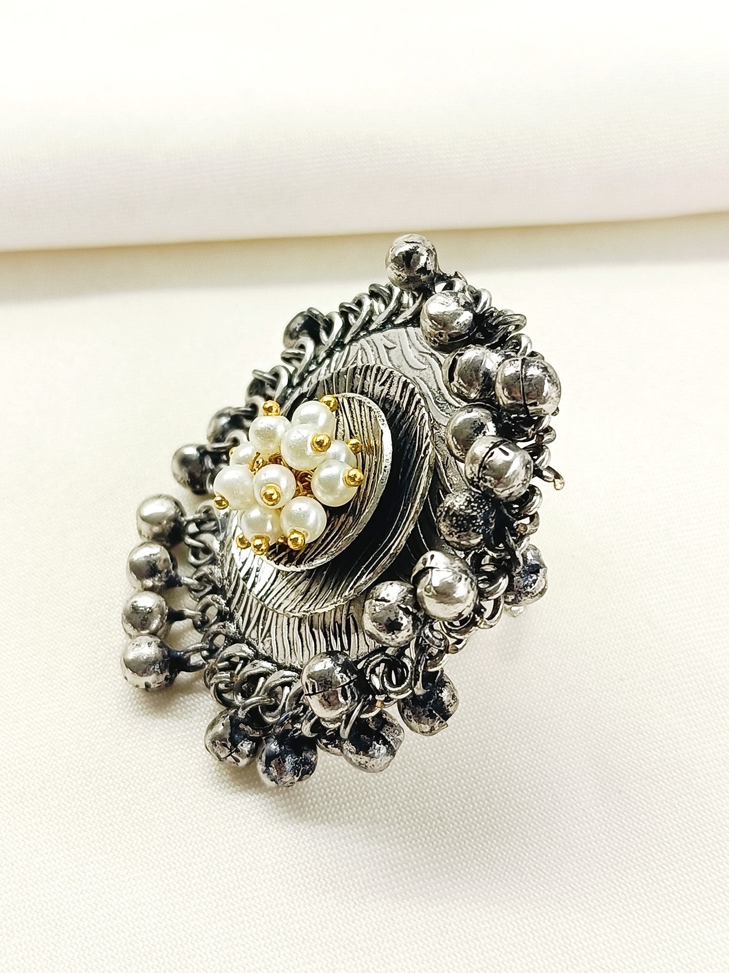 Nabhya White Pearl Oxidized Finger Ring
