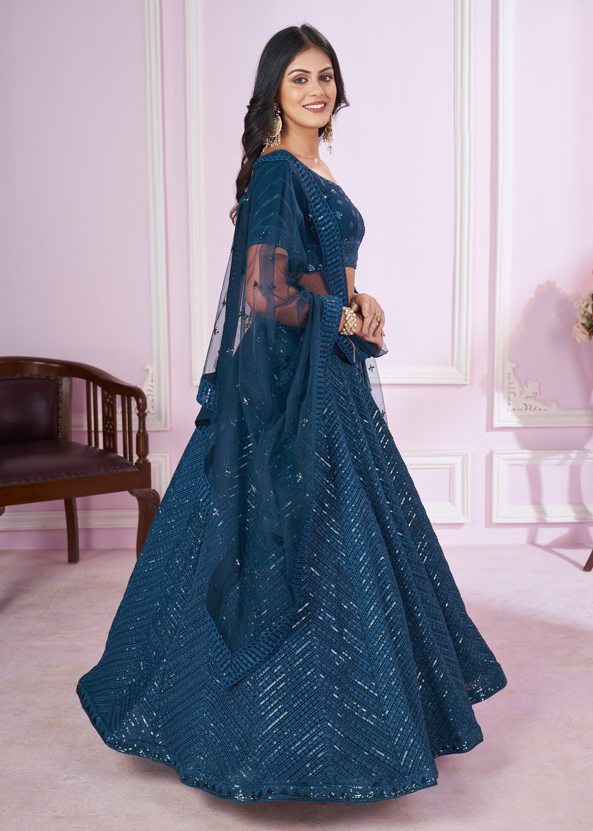 Teal Blue Georgette Lehenga Choli With Sequins And Thread Embroidery Work | Ready To Wear - qivii