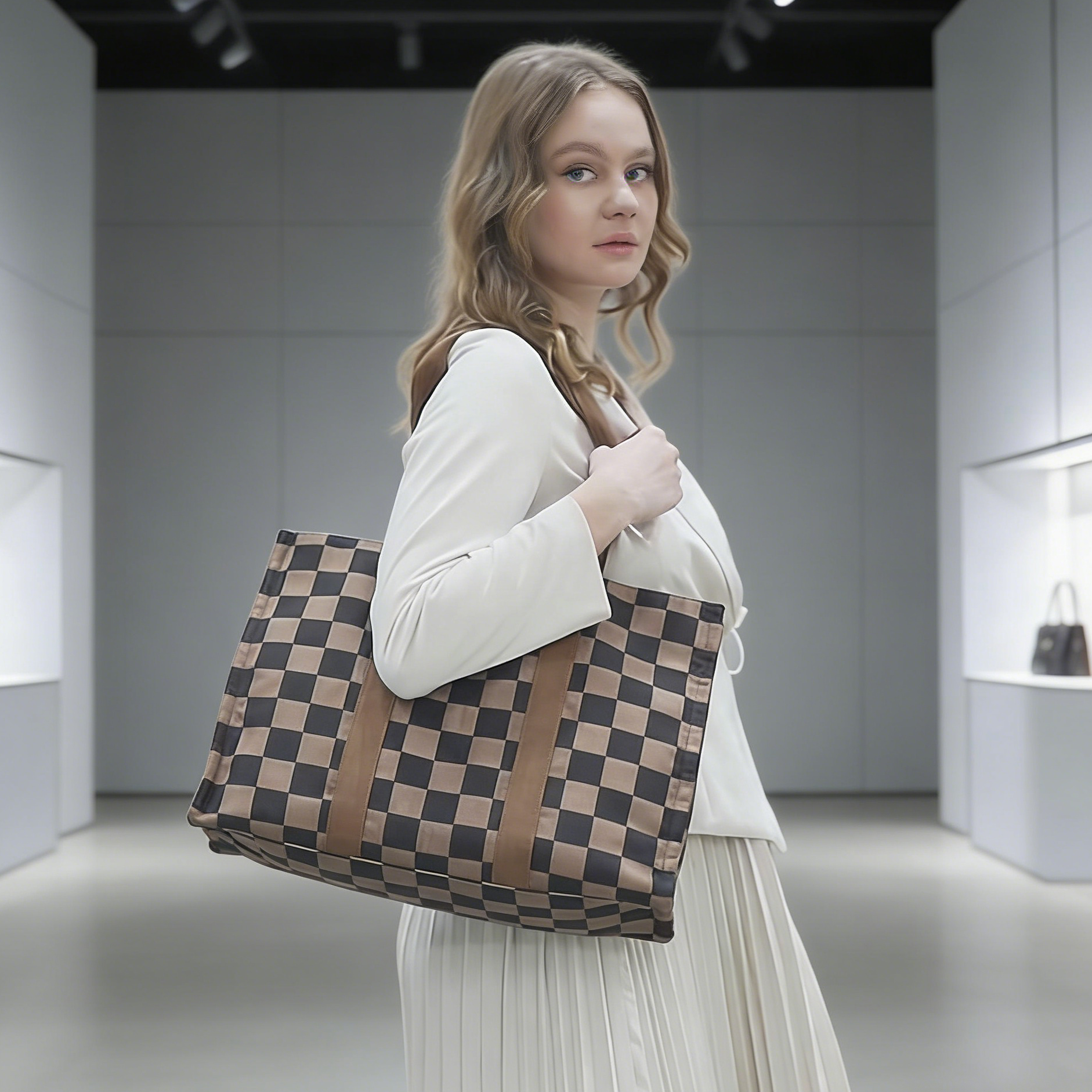 Ounamei Checkered Canvas Work Tote | Zippered Laptop Shoulder & Crossbody Bag (15.6–16”)