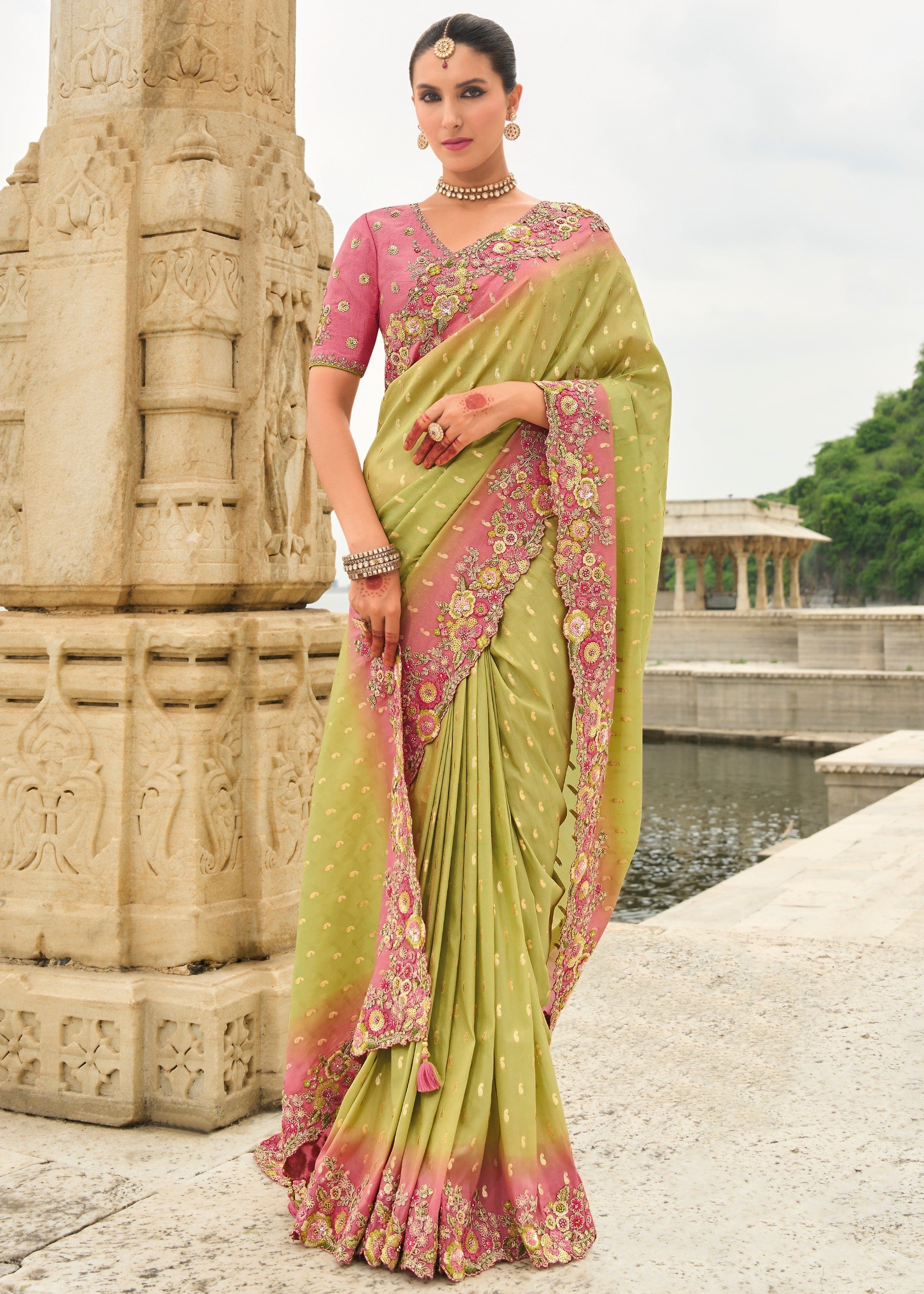 Volt Green Viscose Tissue Silk Saree With Embroidery Cut Work Border And Sequence Work - qivii