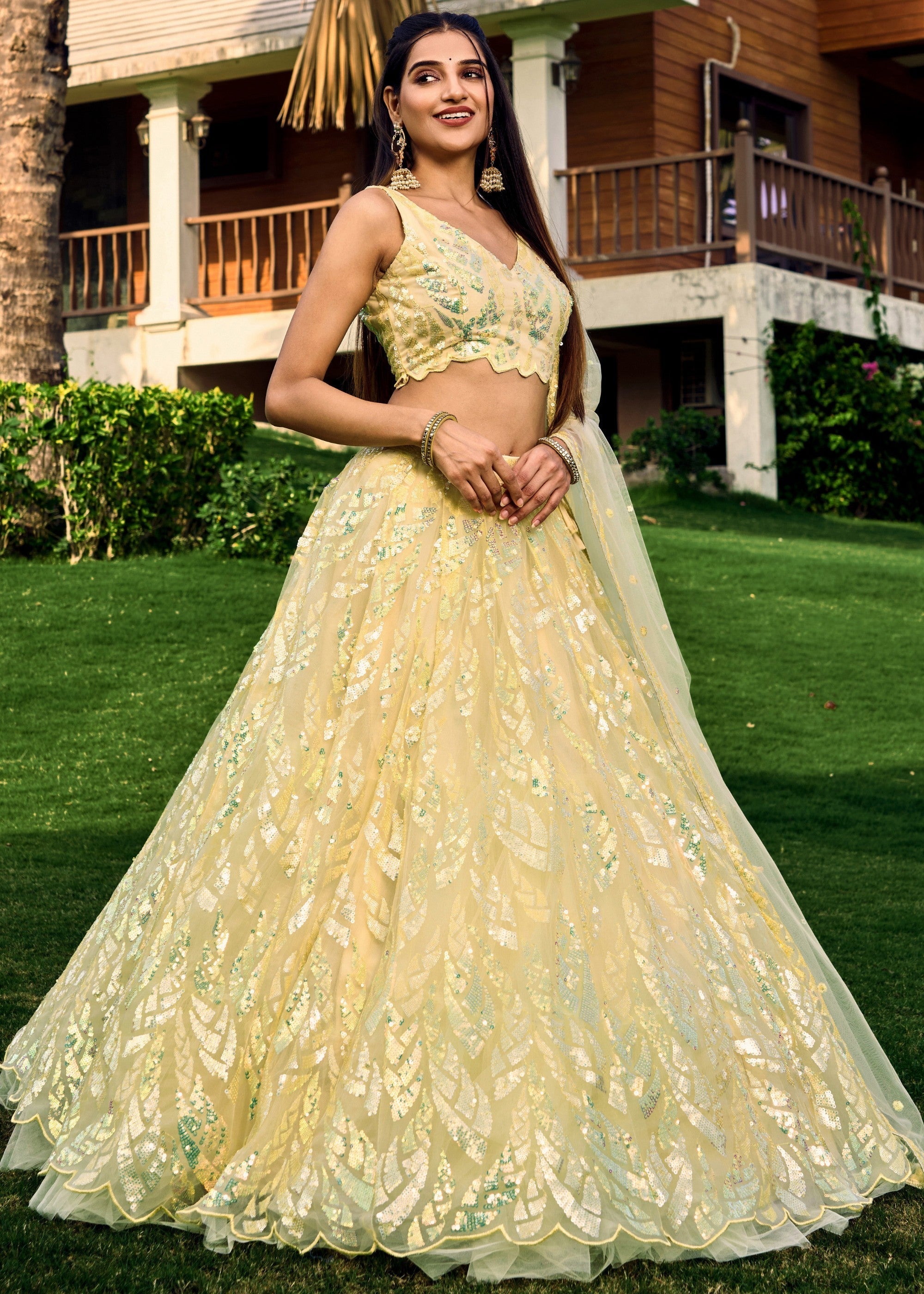 Pale Yellow Net Lehenga Choli With Multiple Sequins And Thread Embroidery Work | Ready To Wear - qivii