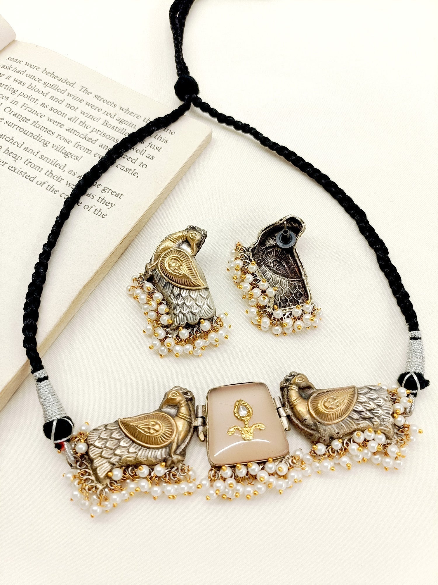 Bulan Copper Peacock Oxidized Choker Set - qivii