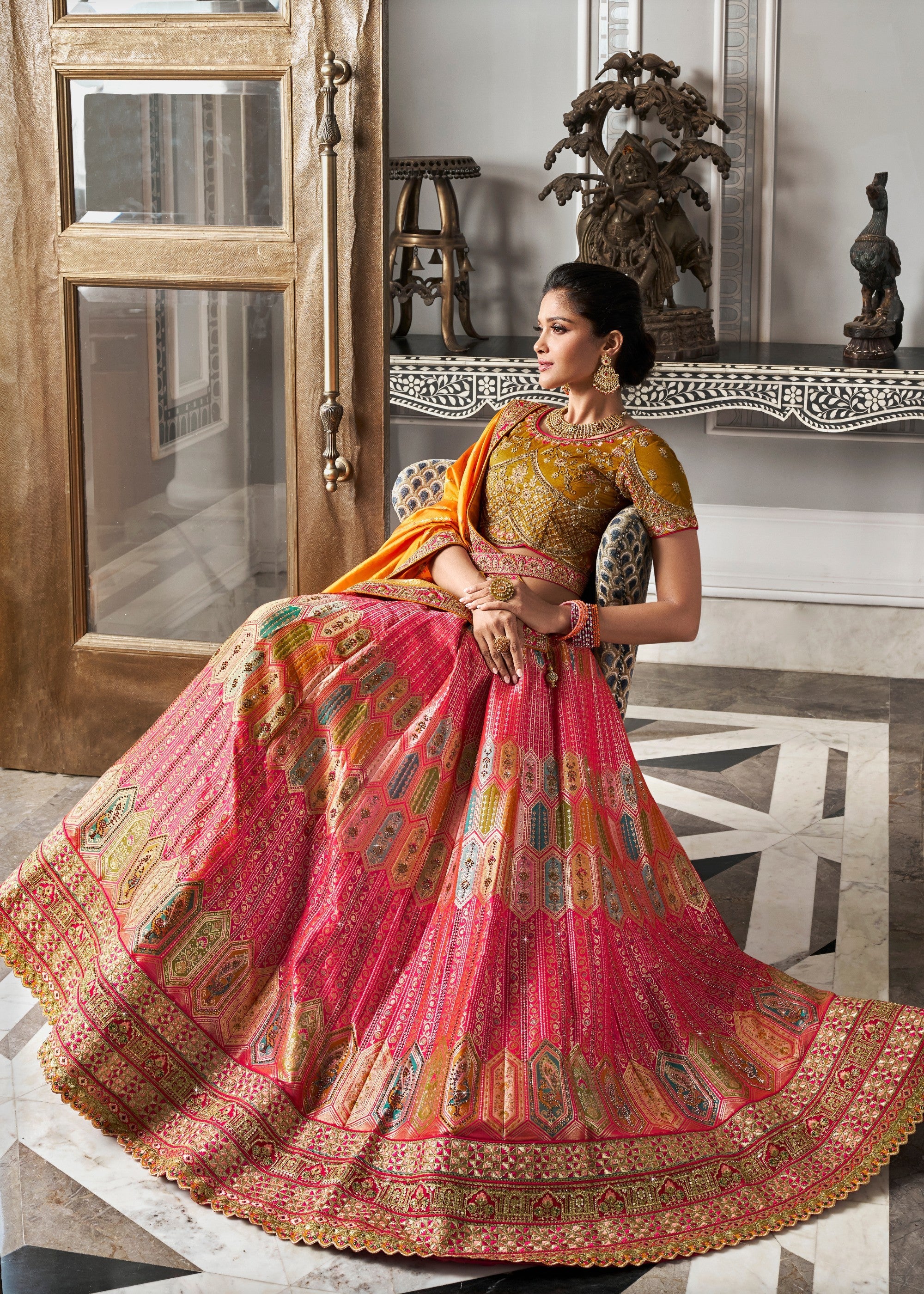 Mustard Yellow & Orange Banarasi Silk Lehenga with Zarkan Codding work | Ready To Wear - qivii