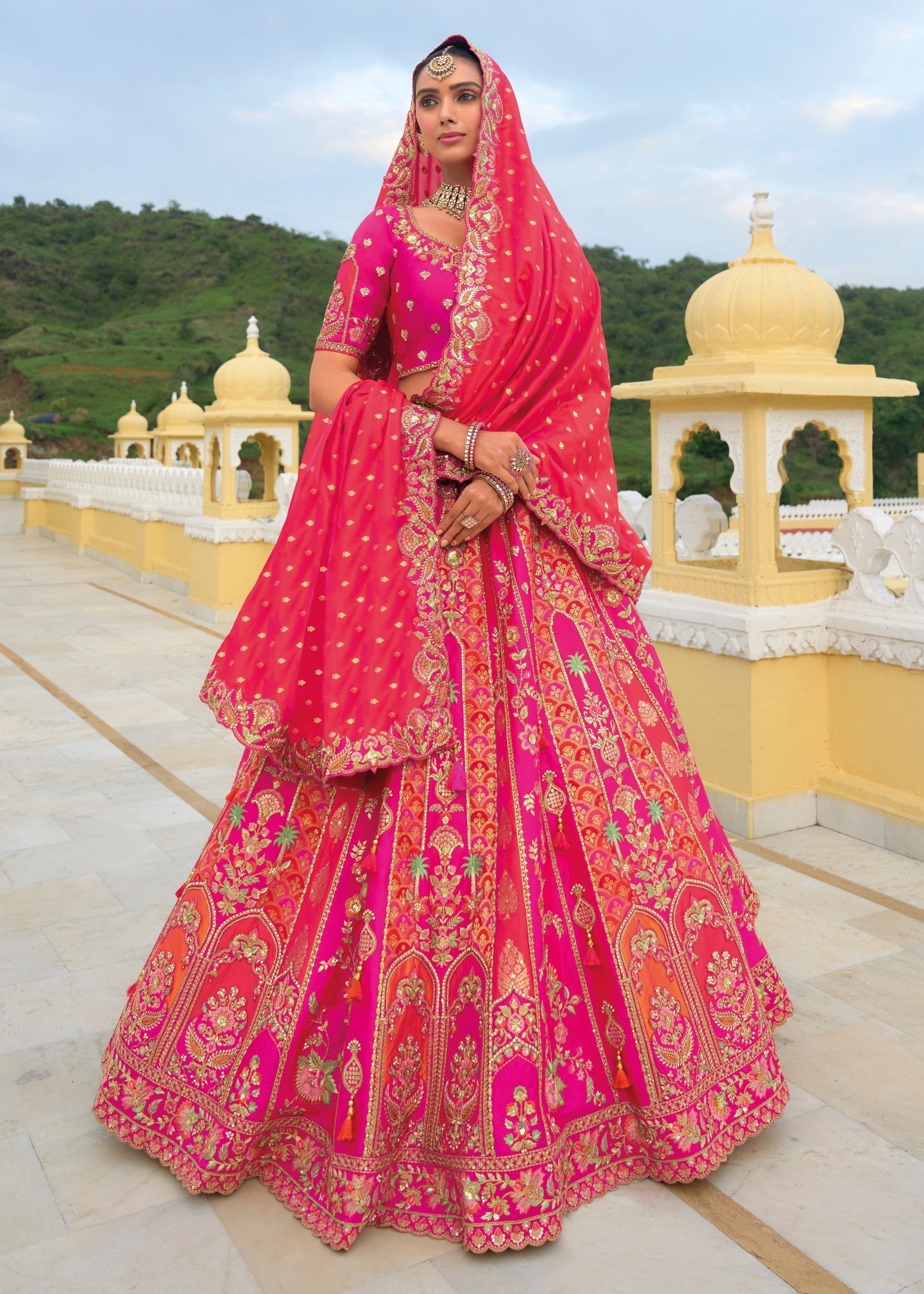 Magenta Pink And Orange Banarasi Silk Lehenga With Heavy Embroidery Work | Ready To Wear - qivii