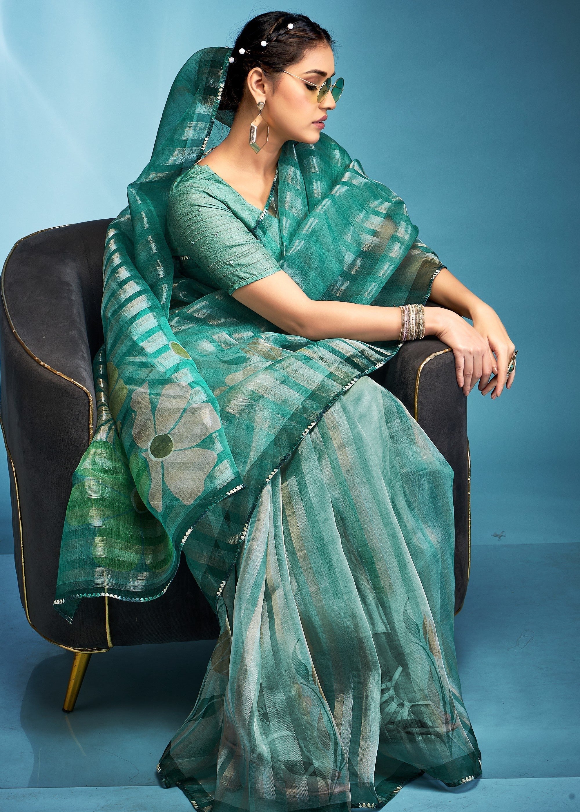 Jade Green Tissue Silk Saree With Floral Print - qivii