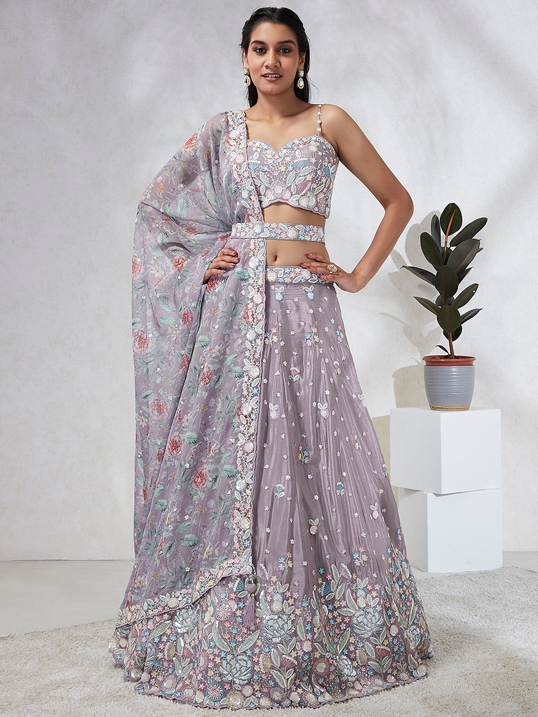 Lavender - Multi Color Chiffon Embroidered using Sequins,Thread & Coding Semi-Stitched Lehenga choli - qivii
