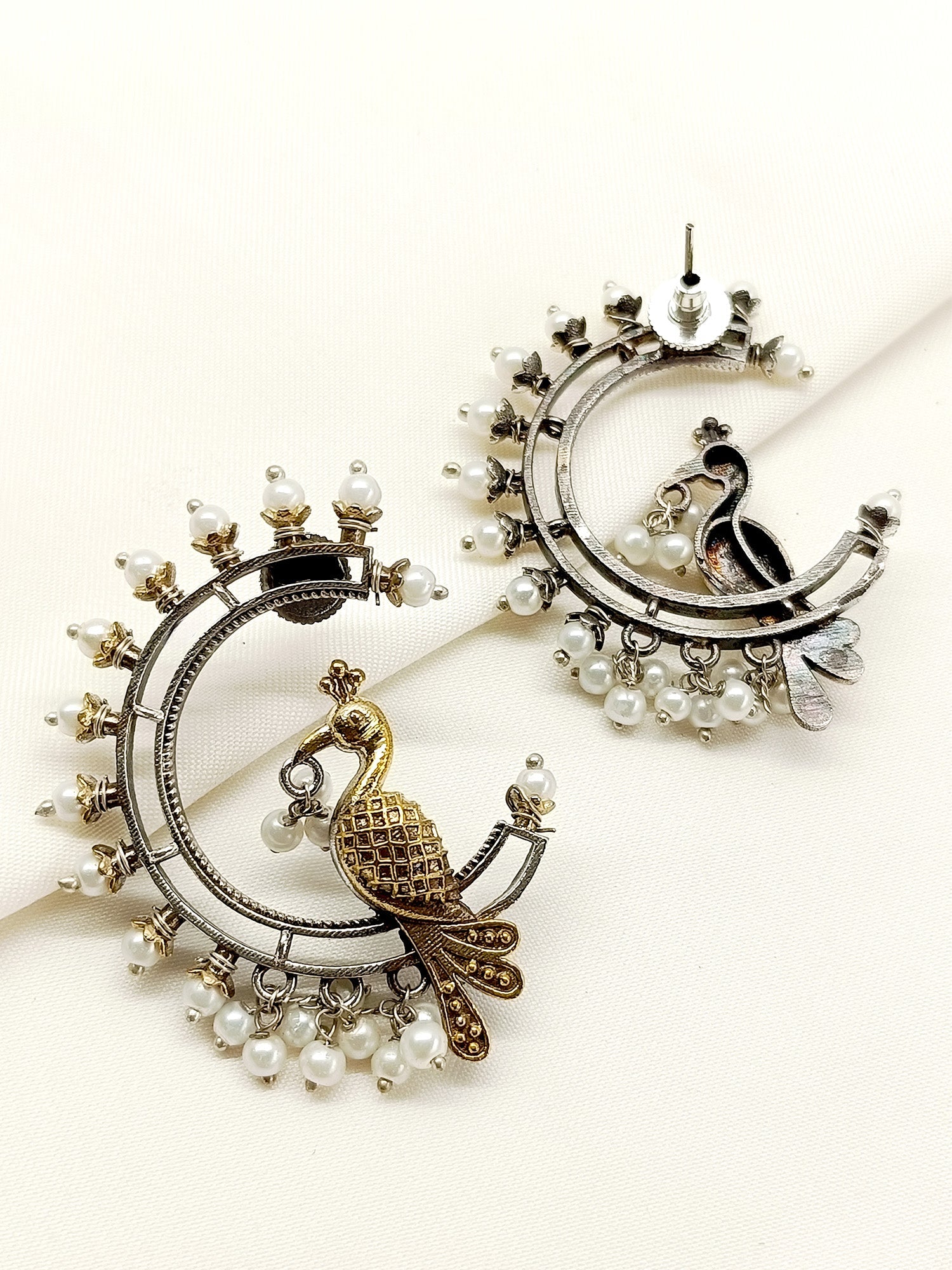 Rania White Pearl Peacock Oxidized Earring