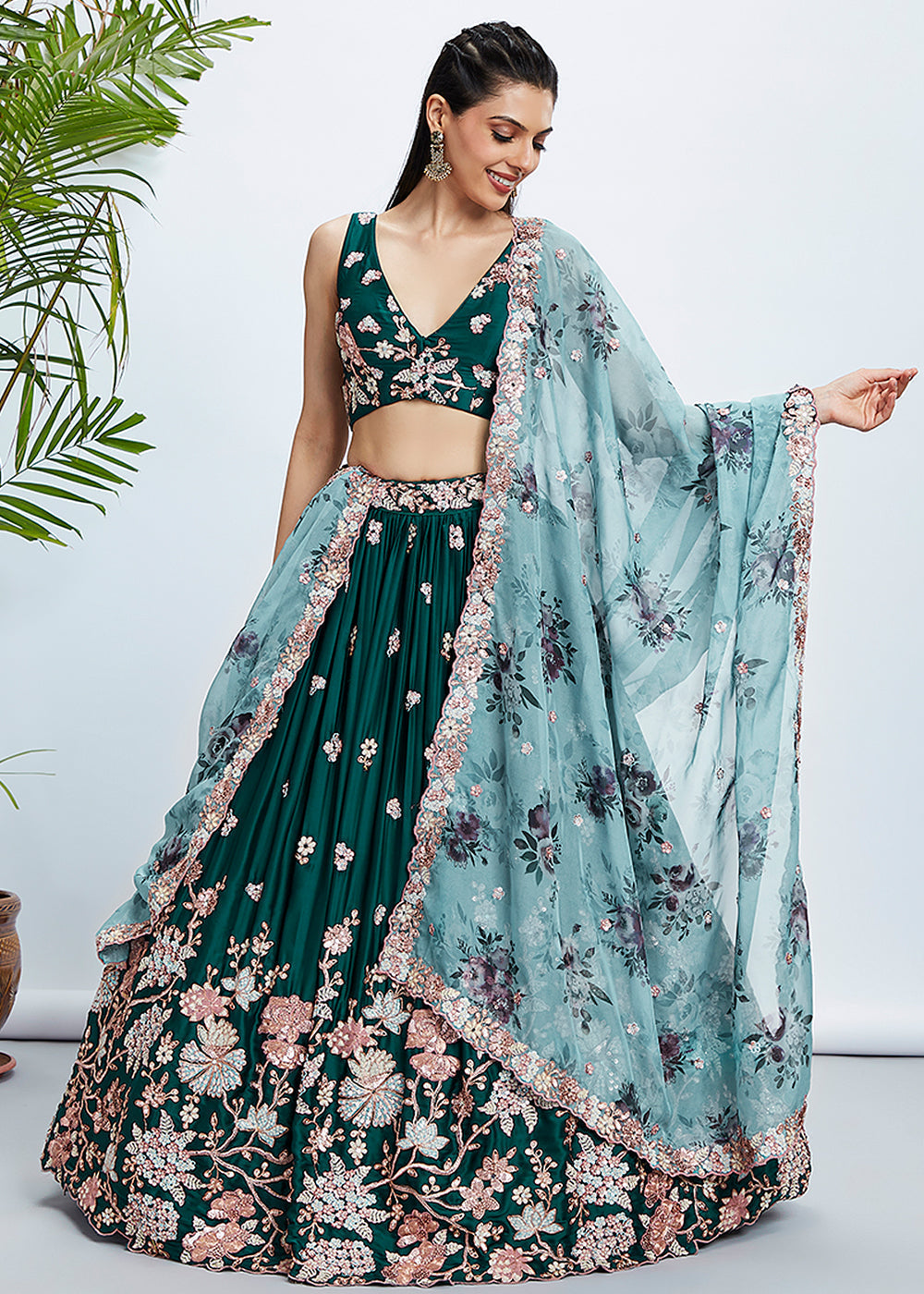 Dark Green Georgette Lehenga Choli with Sequins & Thread Embroidery work | Ready To Wear - qivii