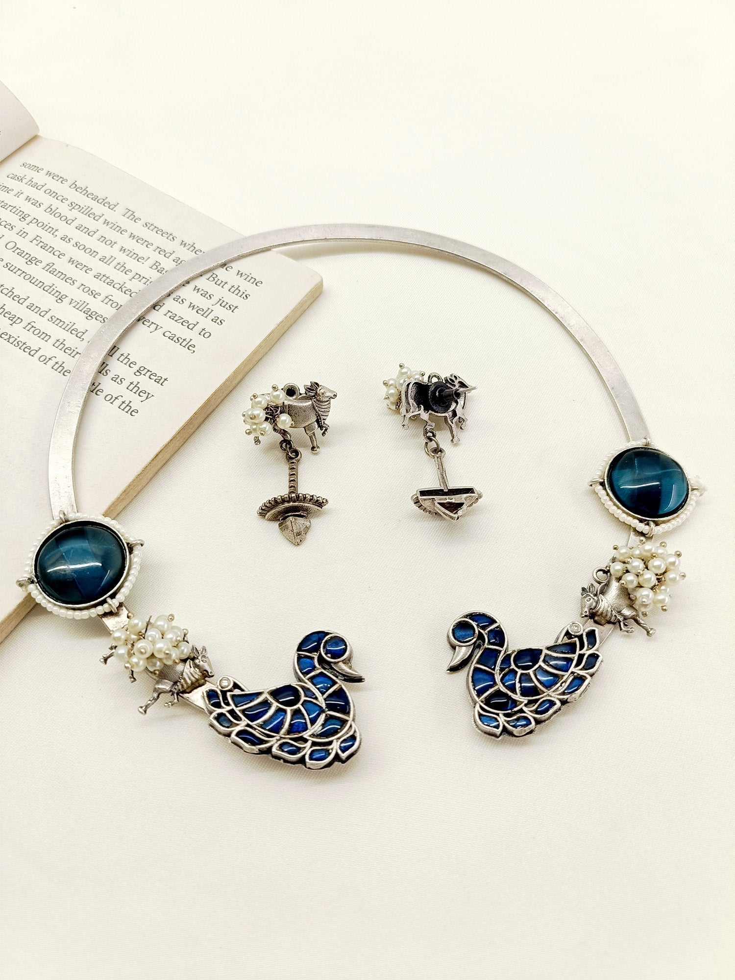 Shumaila Blue Peacock Oxidized Hasli Style Necklace Set - qivii