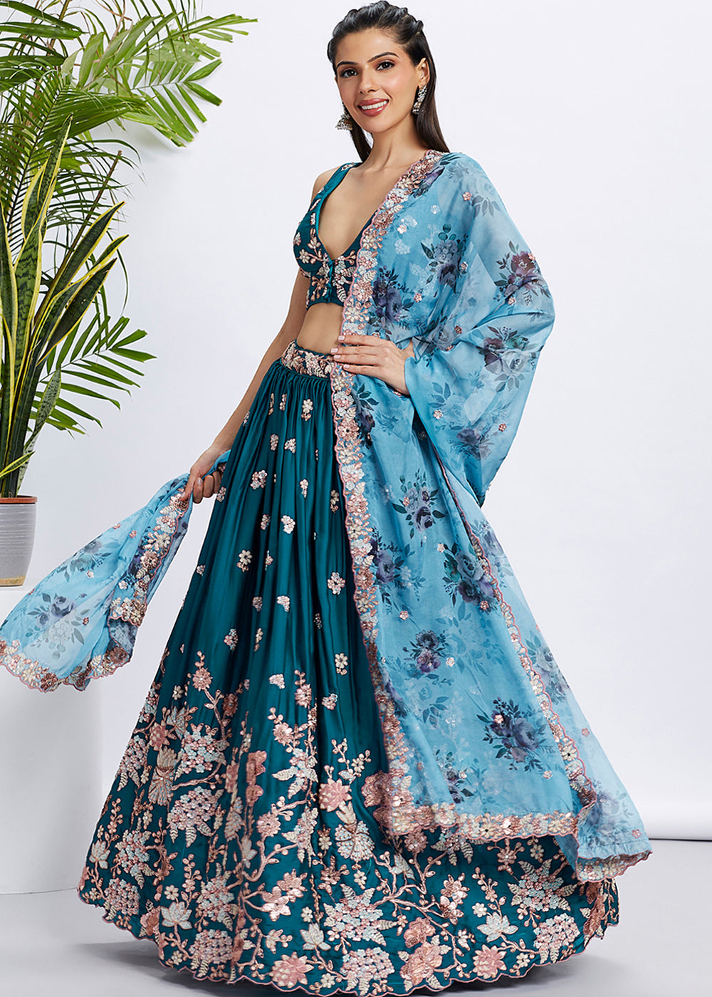 Teal Blue Georgette Lehenga Choli with Sequins & Thread Embroidery work | Ready To Wear - qivii
