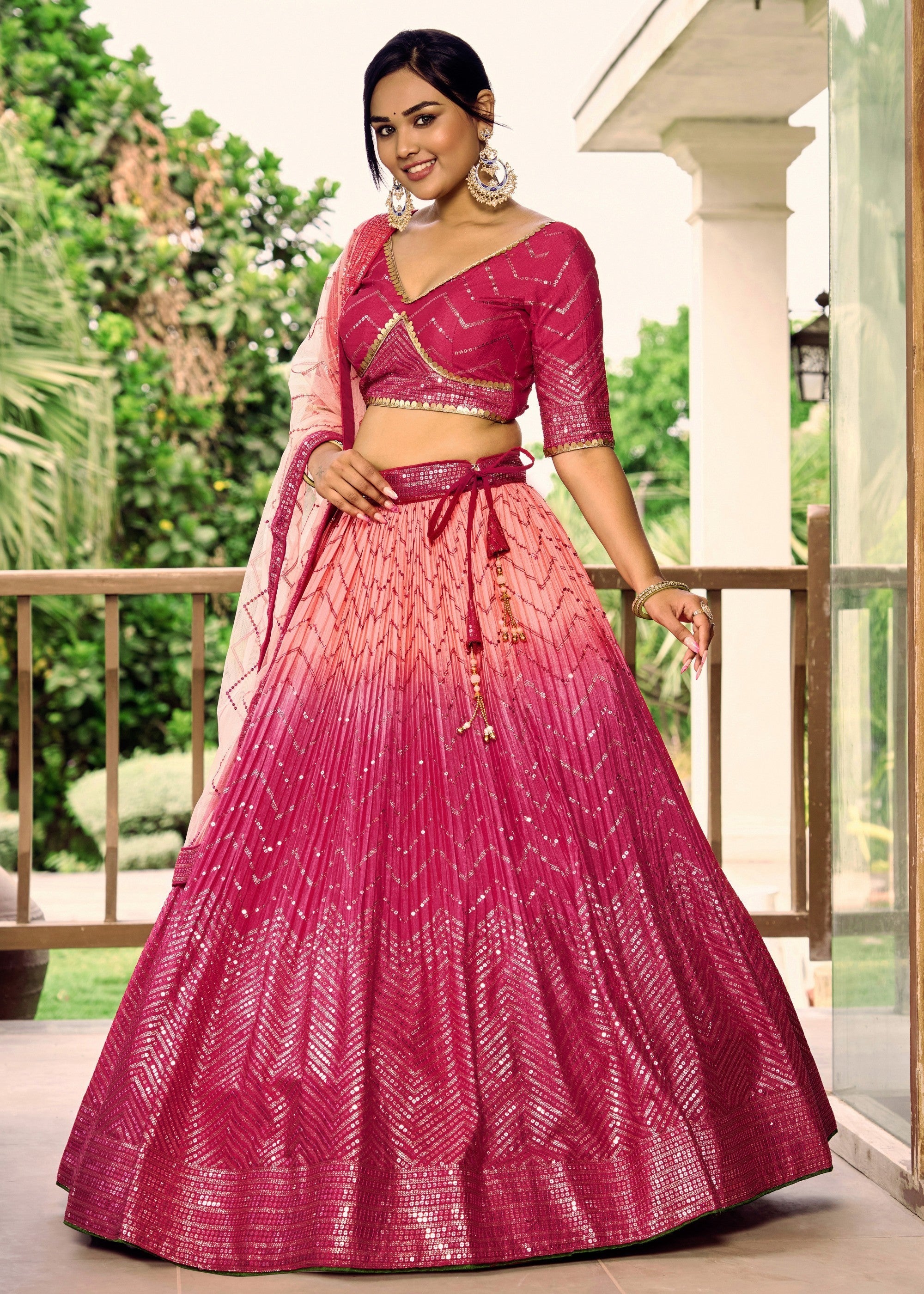 Hot Pink Chinon Silk Lehenga With Sequence and Thread Embroidery Work | Ready To Wear - qivii