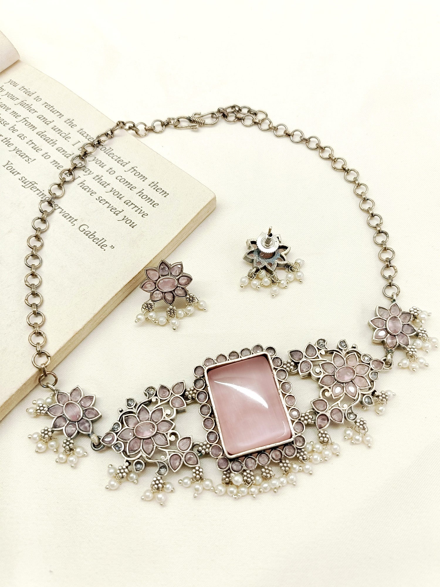 Venisha Baby Pink Oxidized Choker Set - qivii