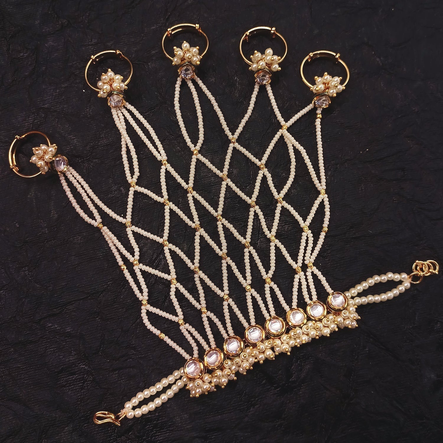 Naina White Gold Plated Kundan Hathphool With Pearls - qivii