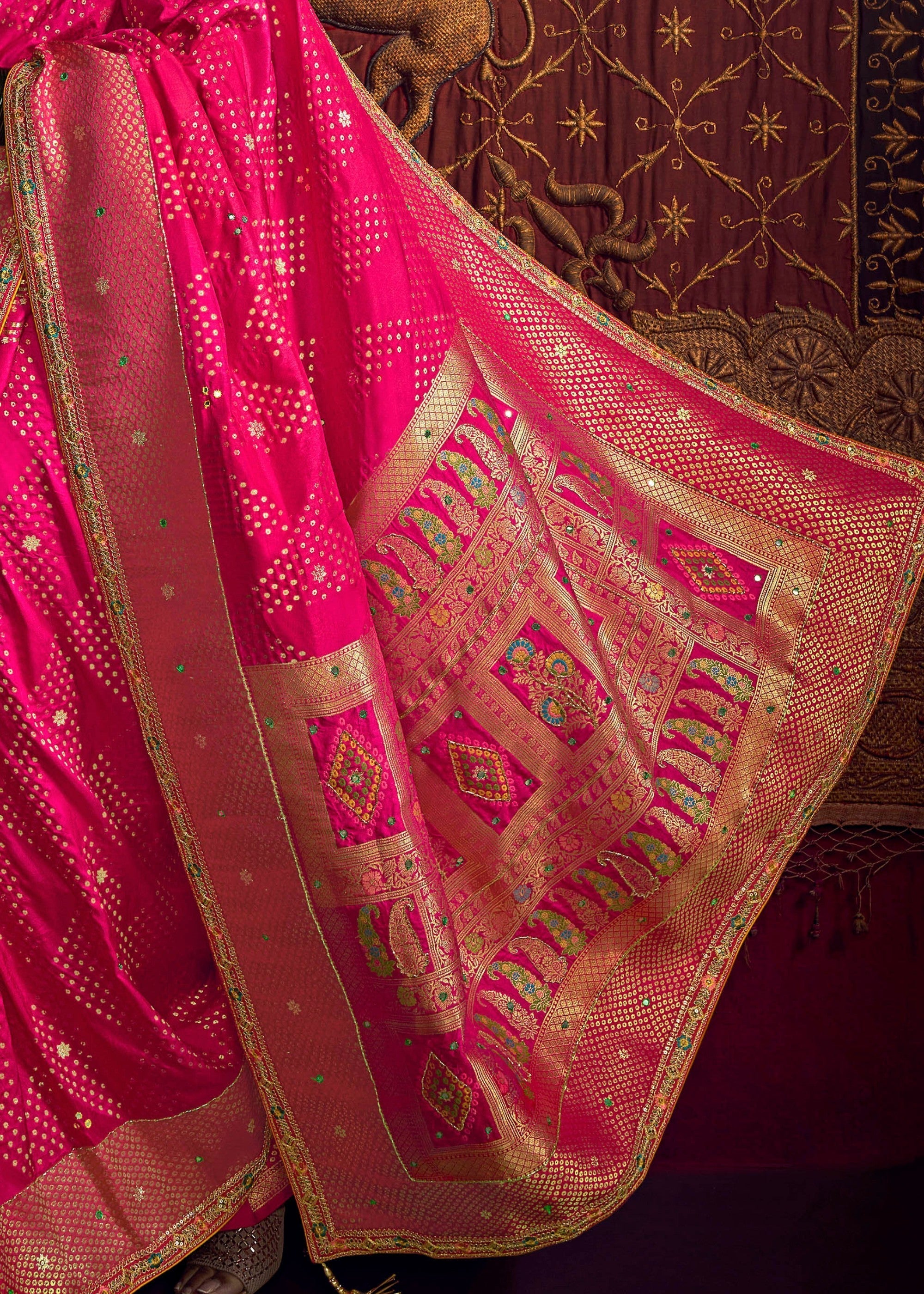 Brink Pink Pure Viscose Dola Silk Saree With Handwork On Blouse And Pallu - qivii