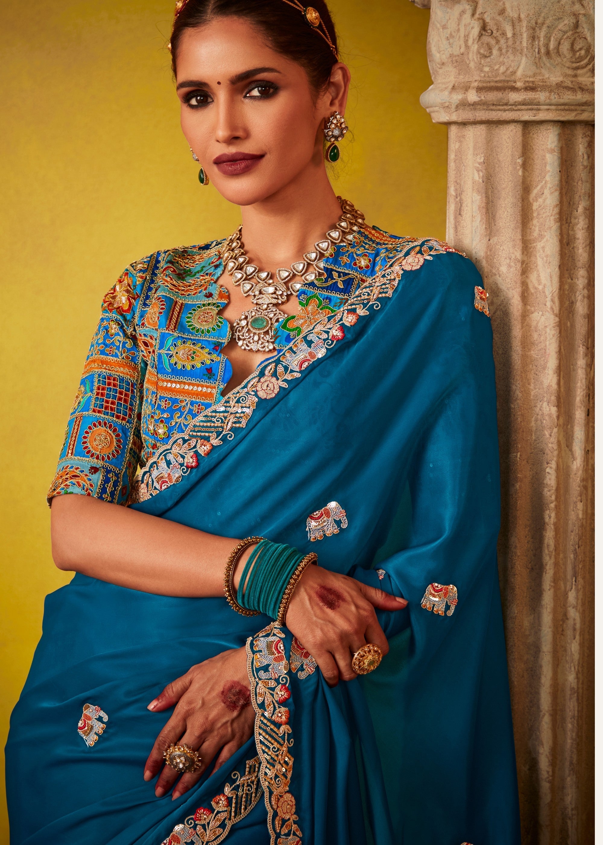 Teal Blue Glass Tissue Silk Saree With Sequins And Thread Embroidered Work - qivii
