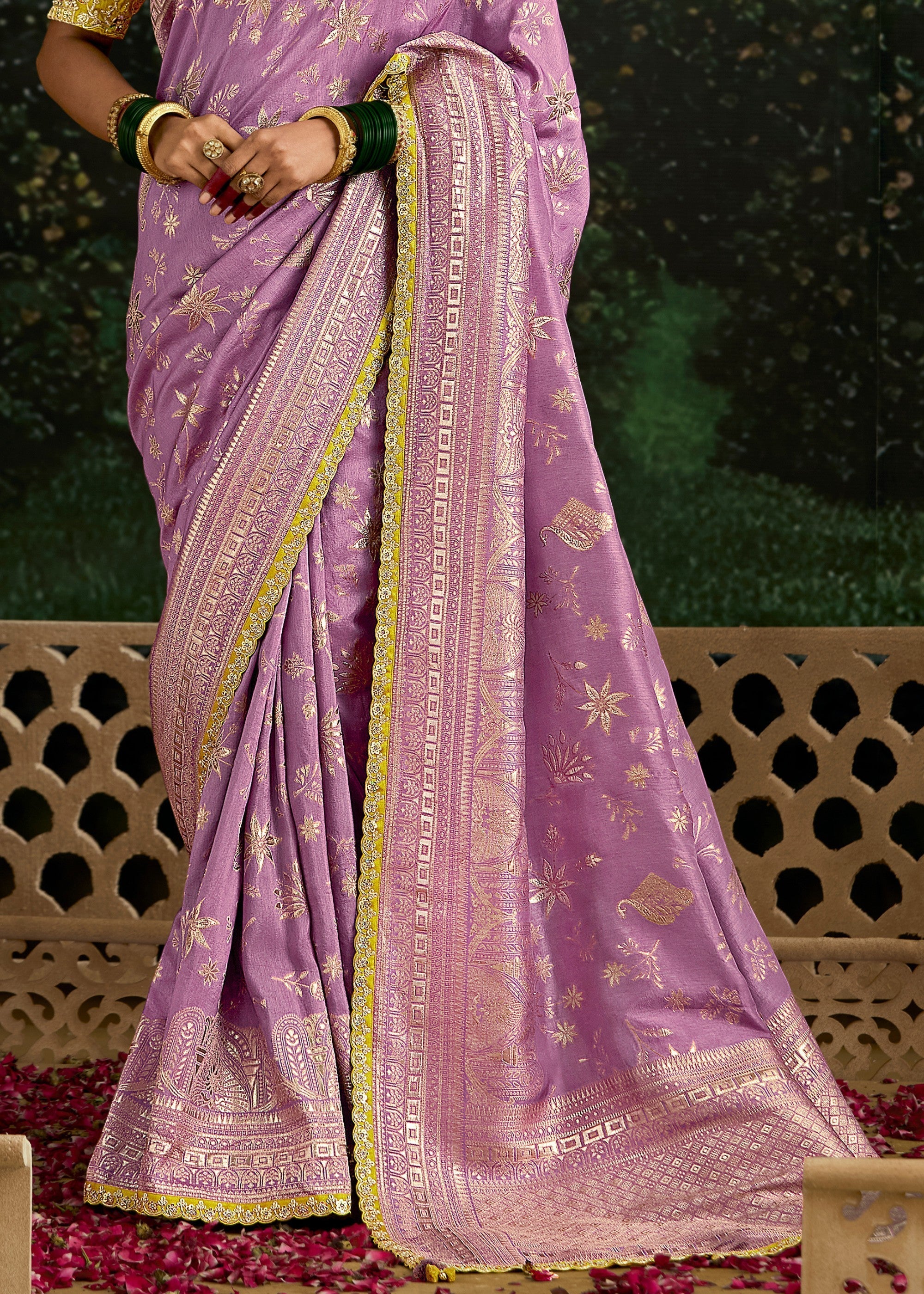 Lavender and Yellow Viscose silk Saree with Zari work - qivii