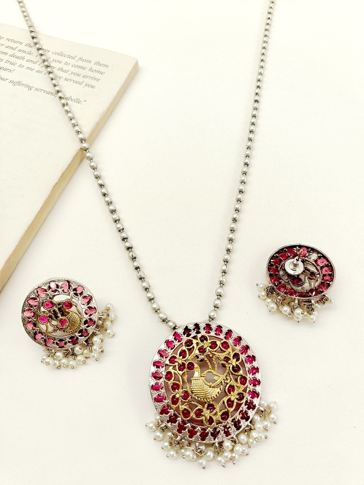 Ruhina Maroon Oxidized Pendant Set - qivii