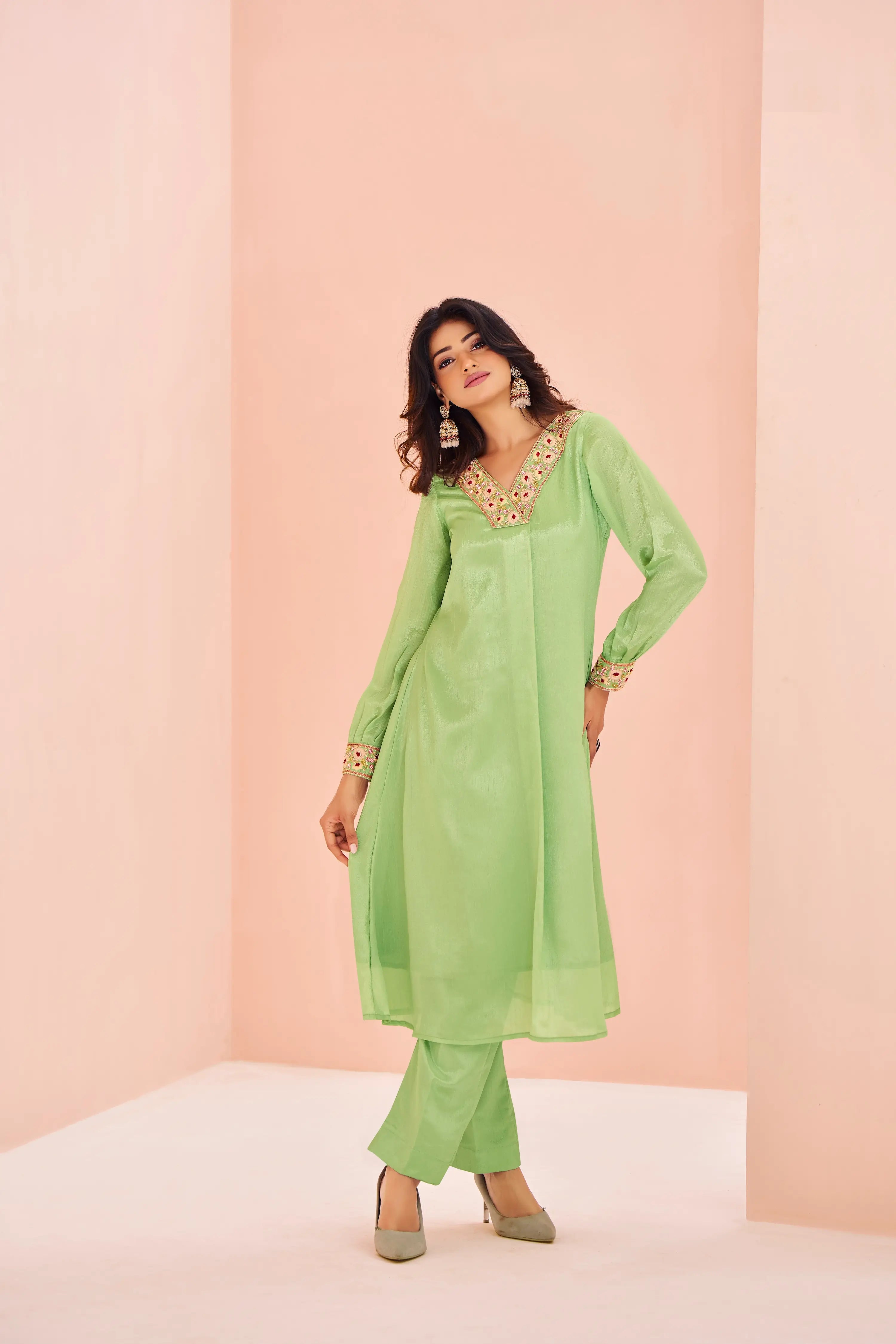 Pista Green Chinon Salwar Suit With Handwork - qivii