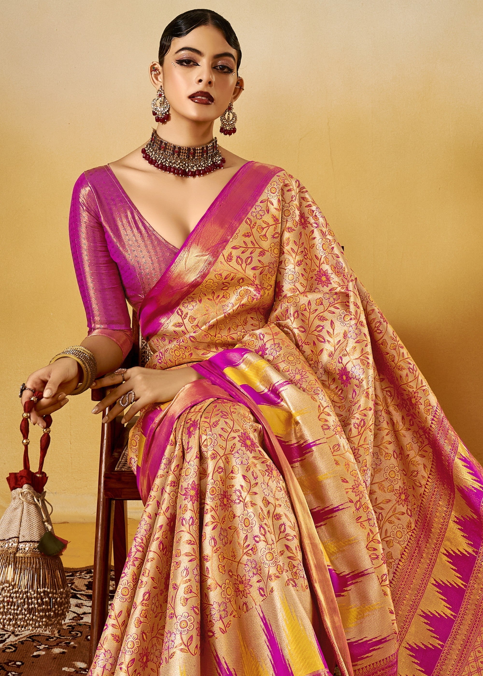 Yellow and Pink Handloom Dharamavaram Silk Saree - qivii