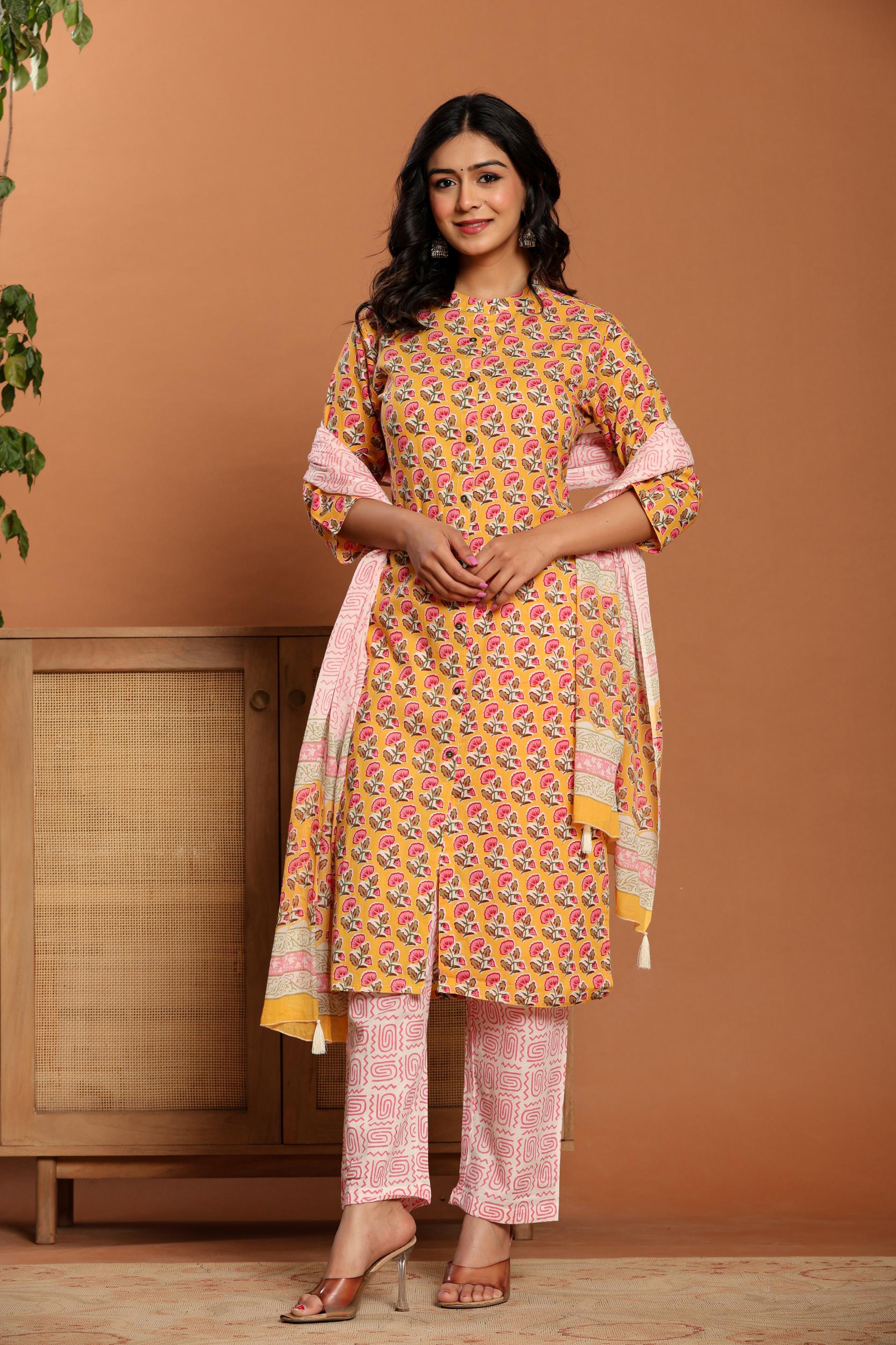 Yellow Printed Cotton Kurta Set - qivii