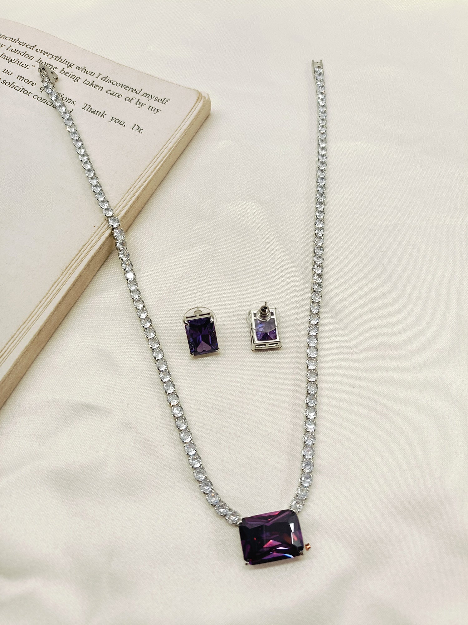 Anric Lavender American Diamond Necklace Set - qivii
