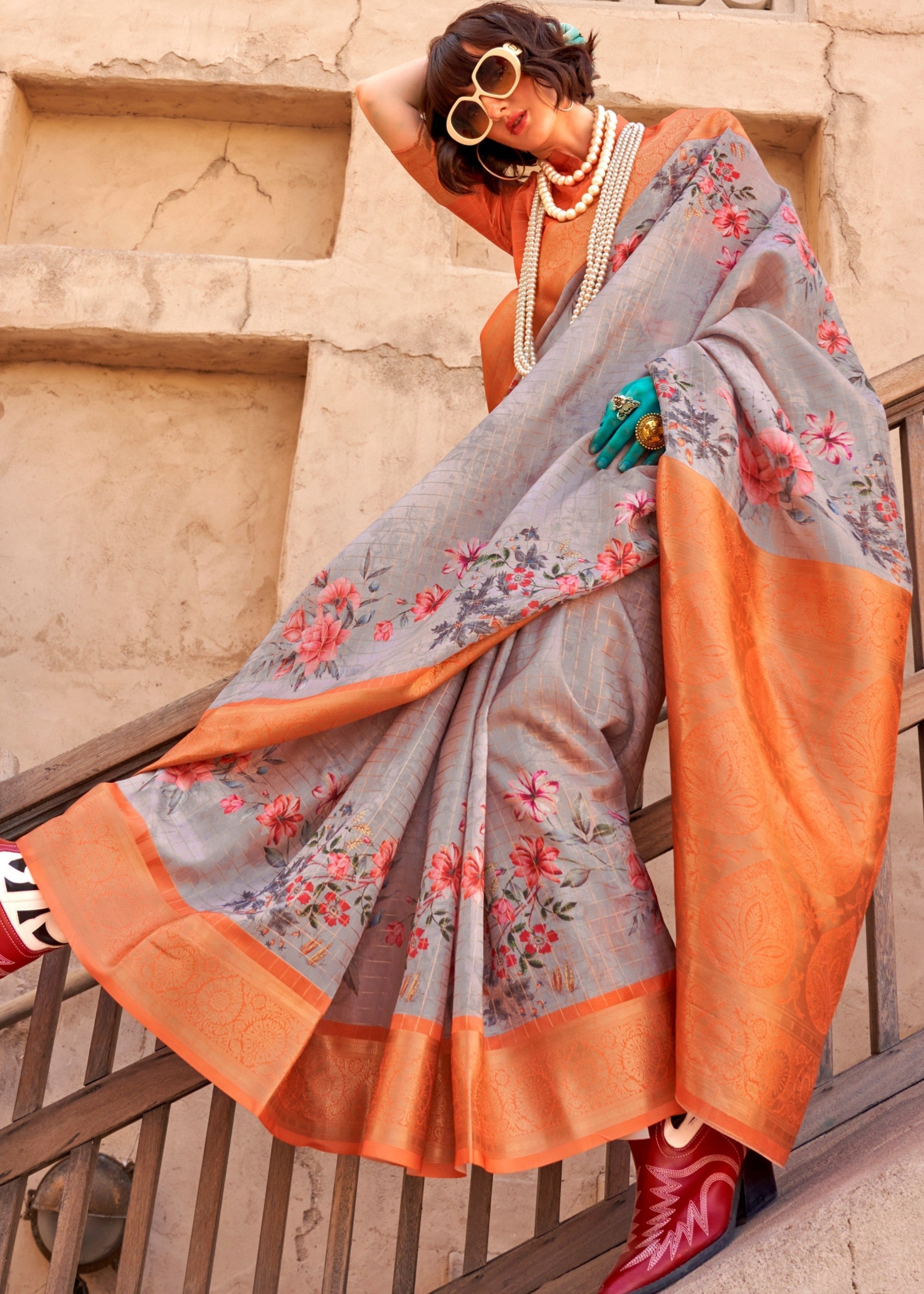 Orange and Gray Printed Handloom Georgette Saree - qivii