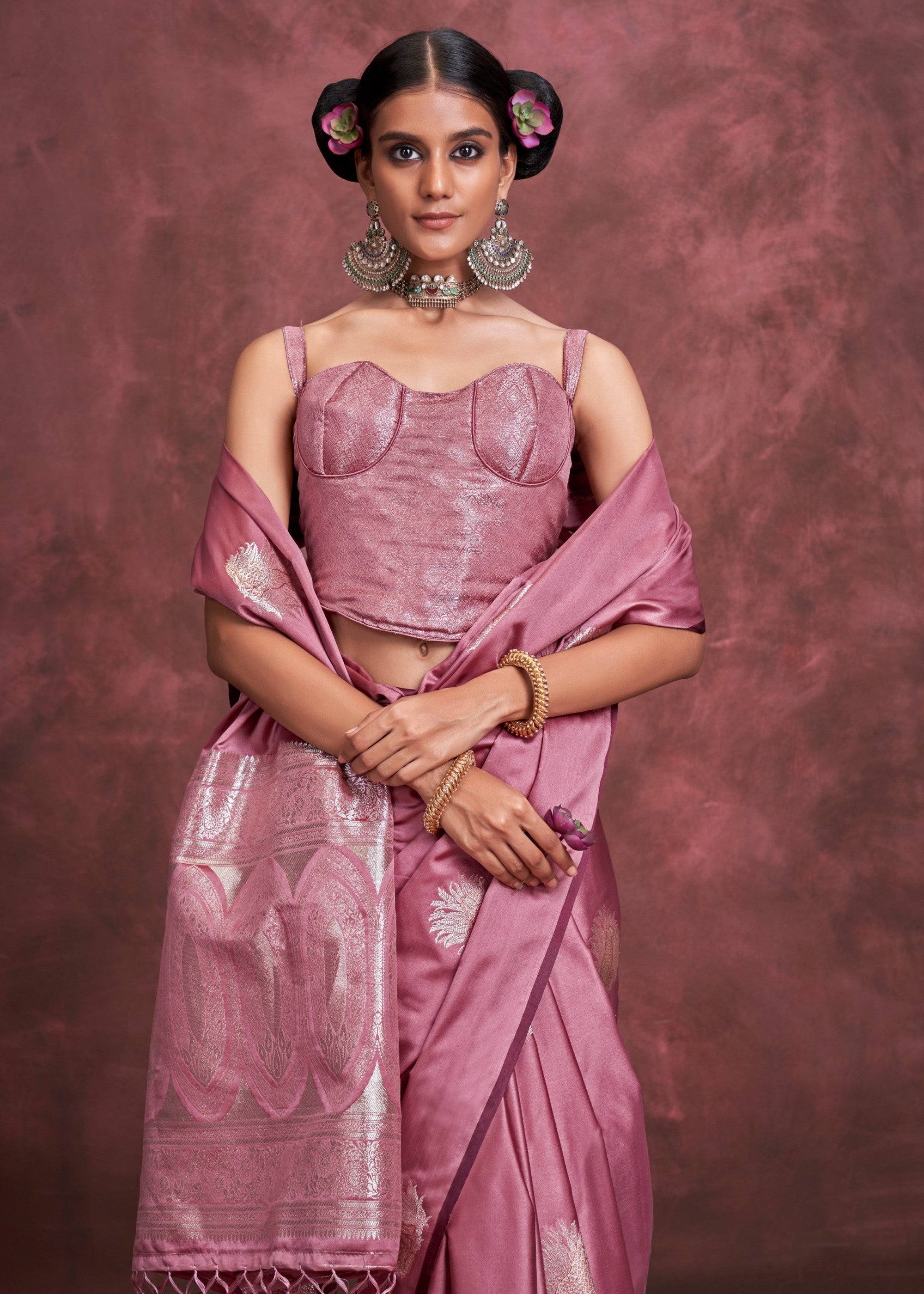 Wild Orchid Handloom Weaving Satin Saree with Banarasi Zari - qivii